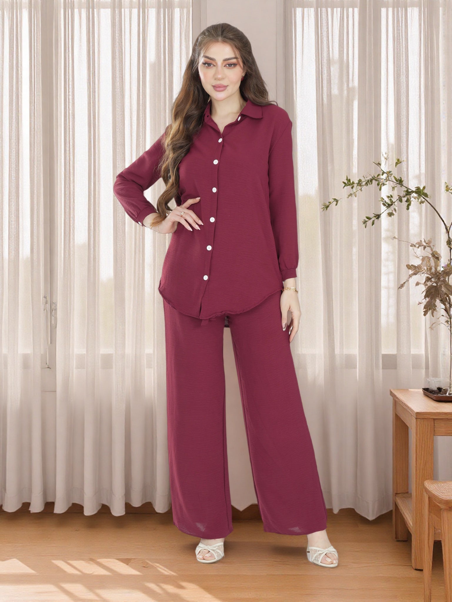 طقم قميص وبنطلون بأزرار - طقم ملابس نوم نسائي من قطعتين - فاين لوك