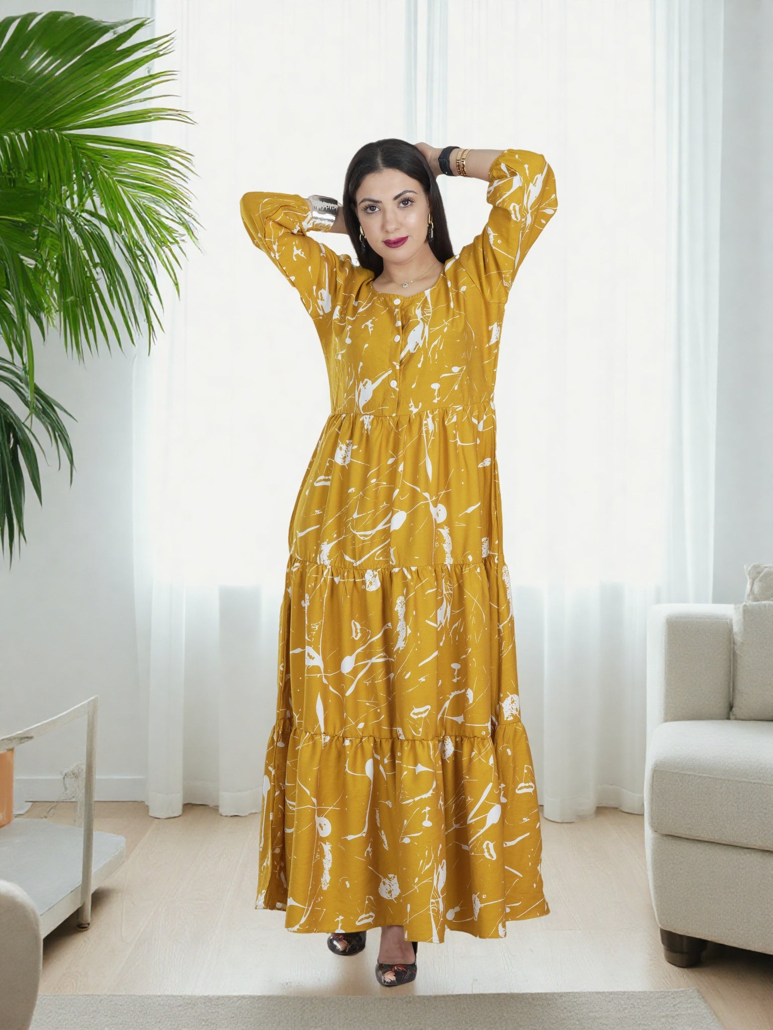 Elegant Mustard Yellow Maxi Dress for Women Long Sleeve Modest