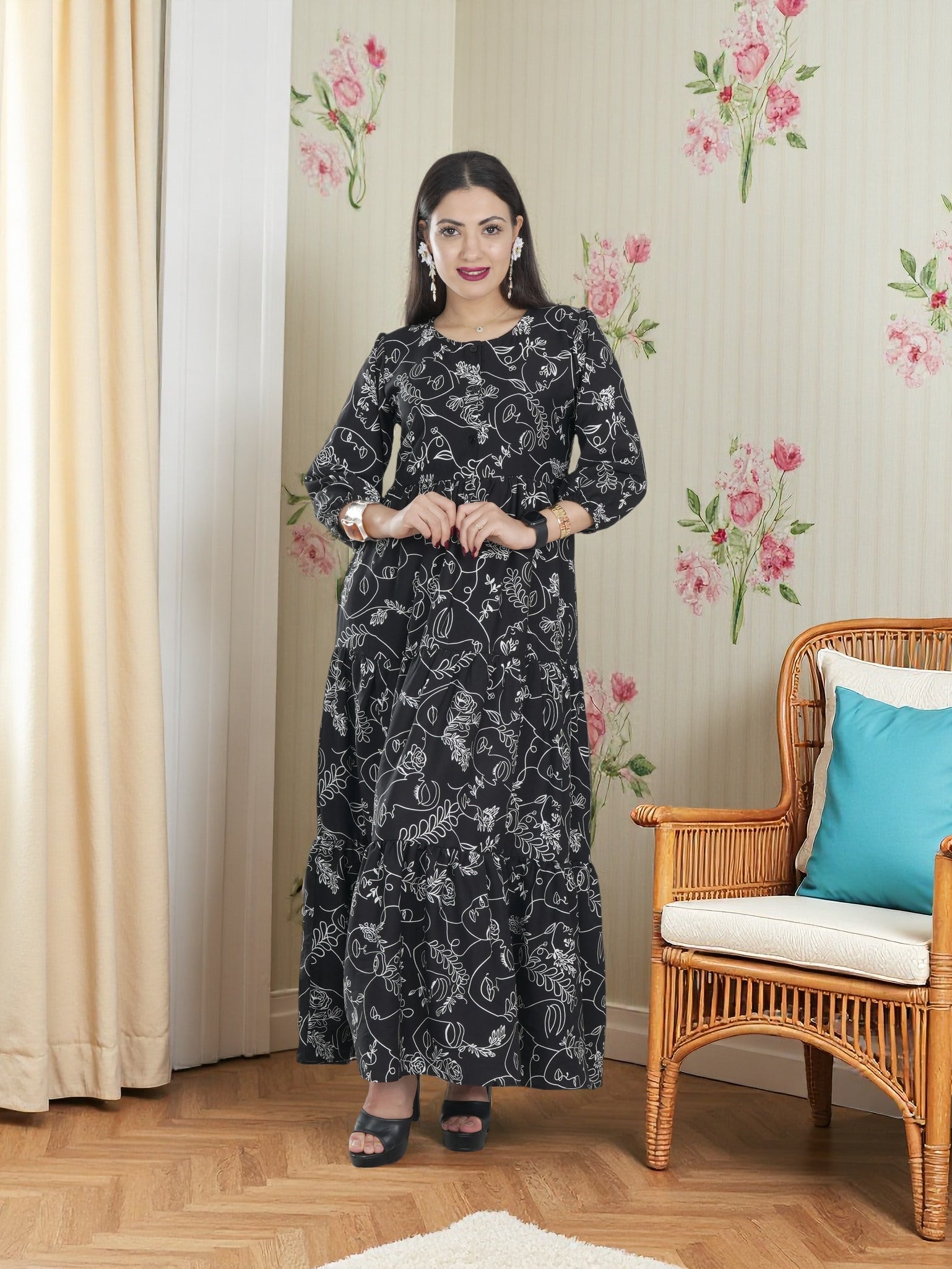 Elegant Black Printed Maxi Dress for Women | Modest Long Dress Saudi F FineLook Elegant Black Printed Maxi Dress for Women | Modest Long Dress Saudi F FineLook