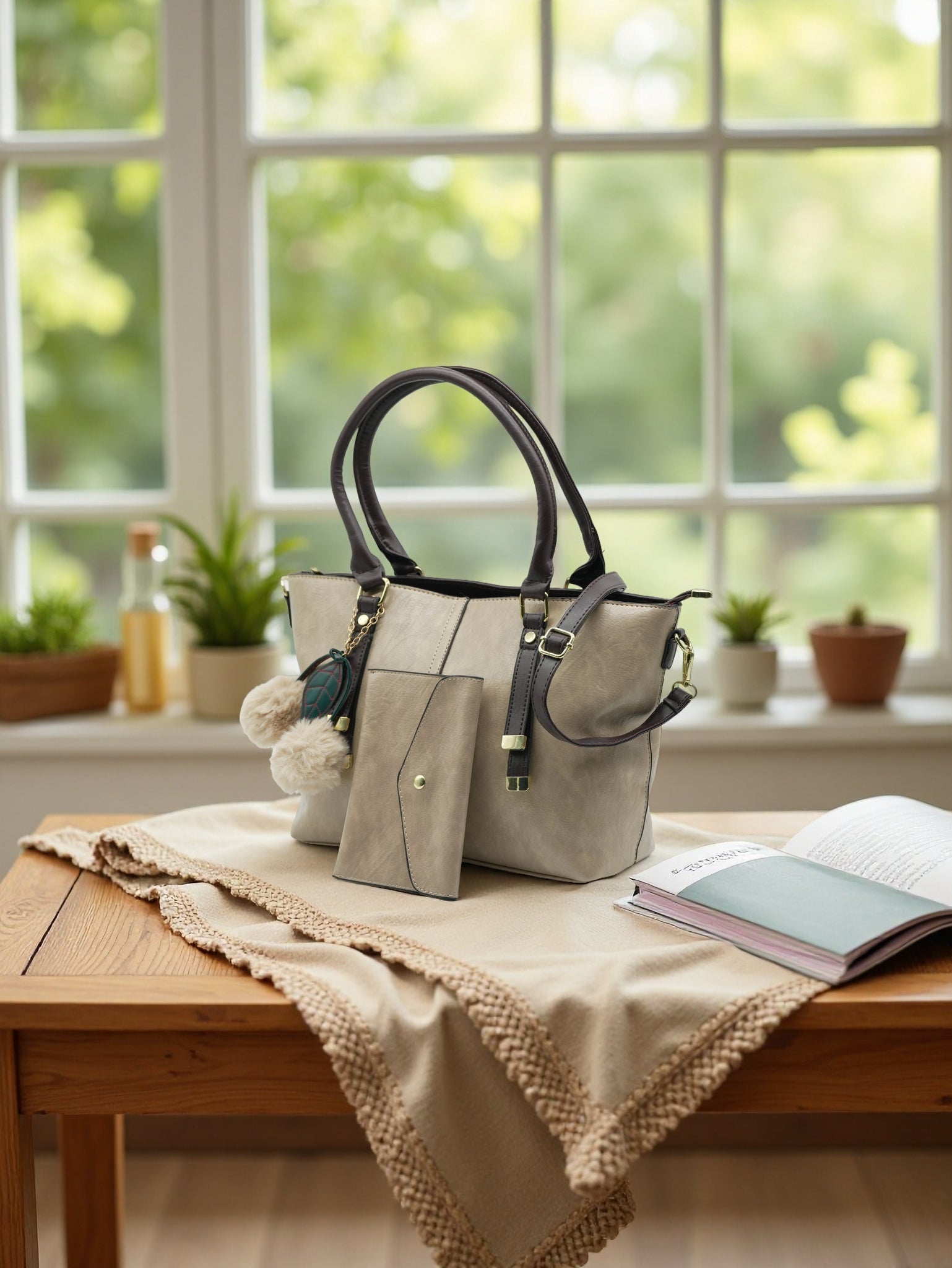 حقيبة توت نسائية من الجلد البني مع محفظة مطابقة - حقيبة كتف كبيرة للعمل والاستخدام اليومي