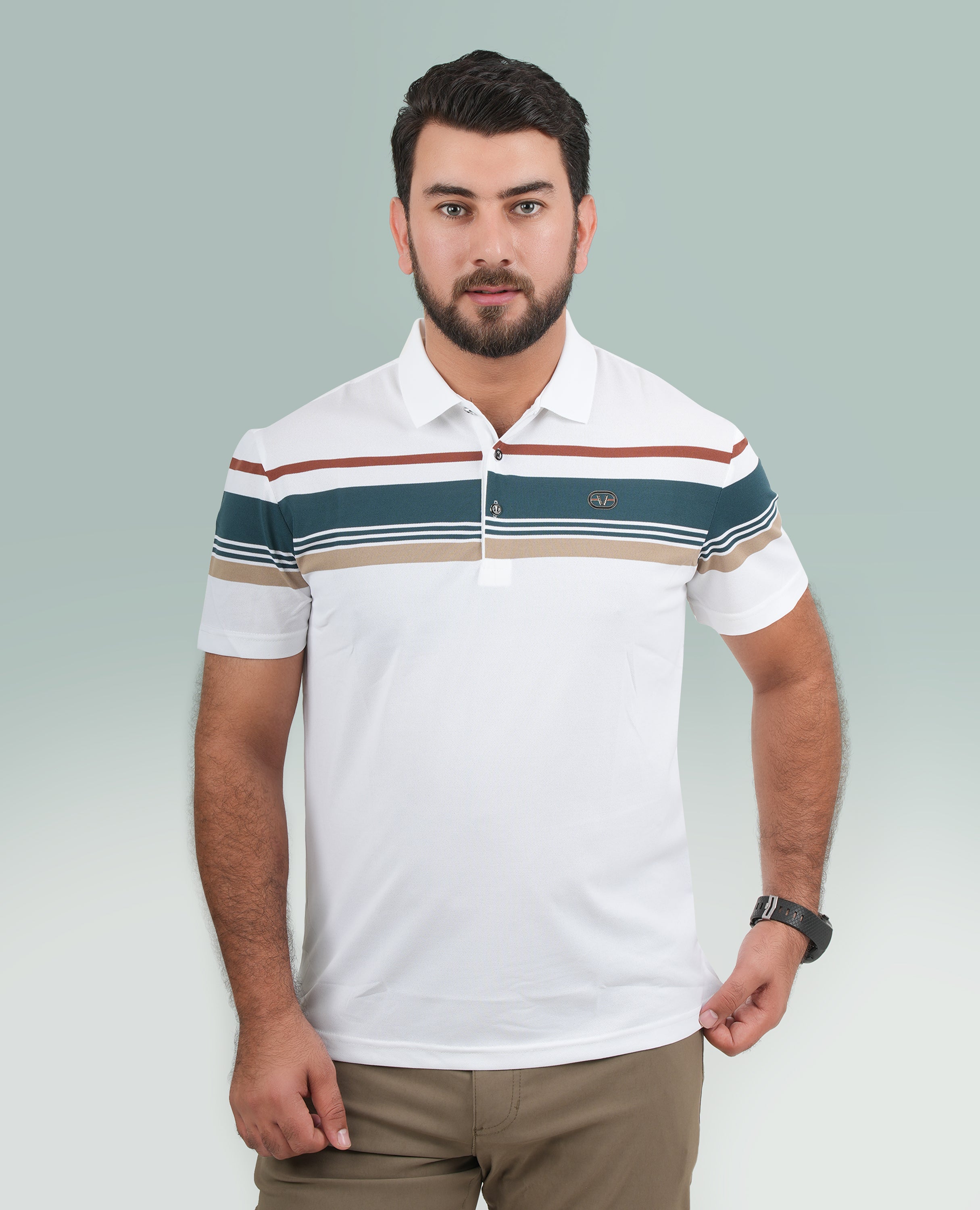 Men’s Half-Striped Polo Shirt – Horizontal Upper Stripes, Short Sleeves | Finelook.
