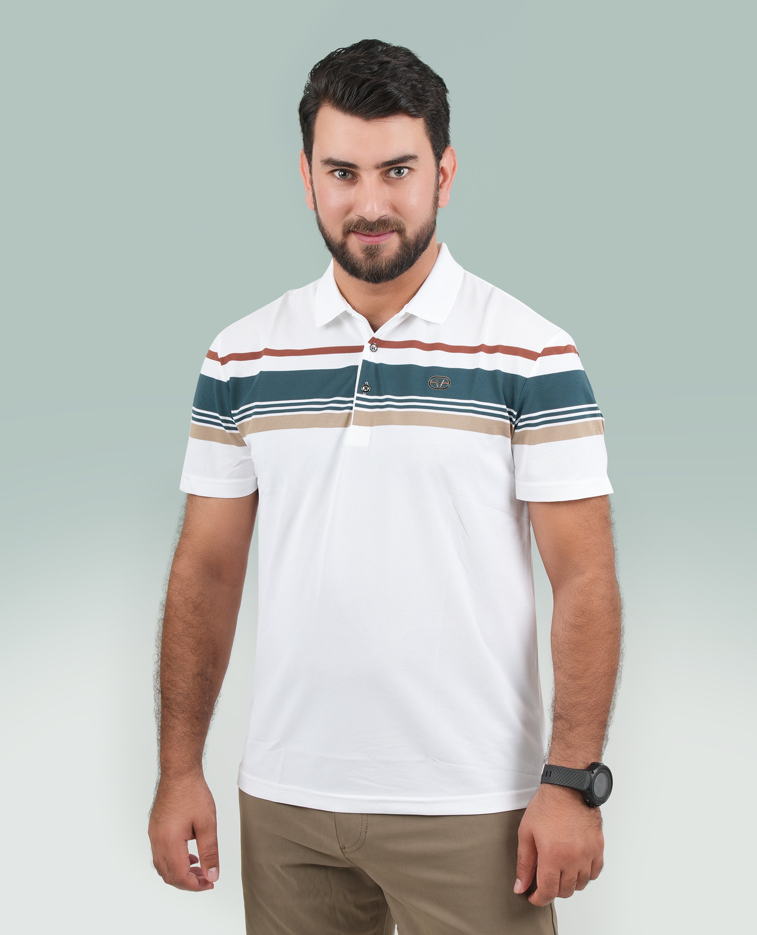 Men’s Half-Striped Polo Shirt – Horizontal Upper Stripes, Short Sleeves | Finelook.