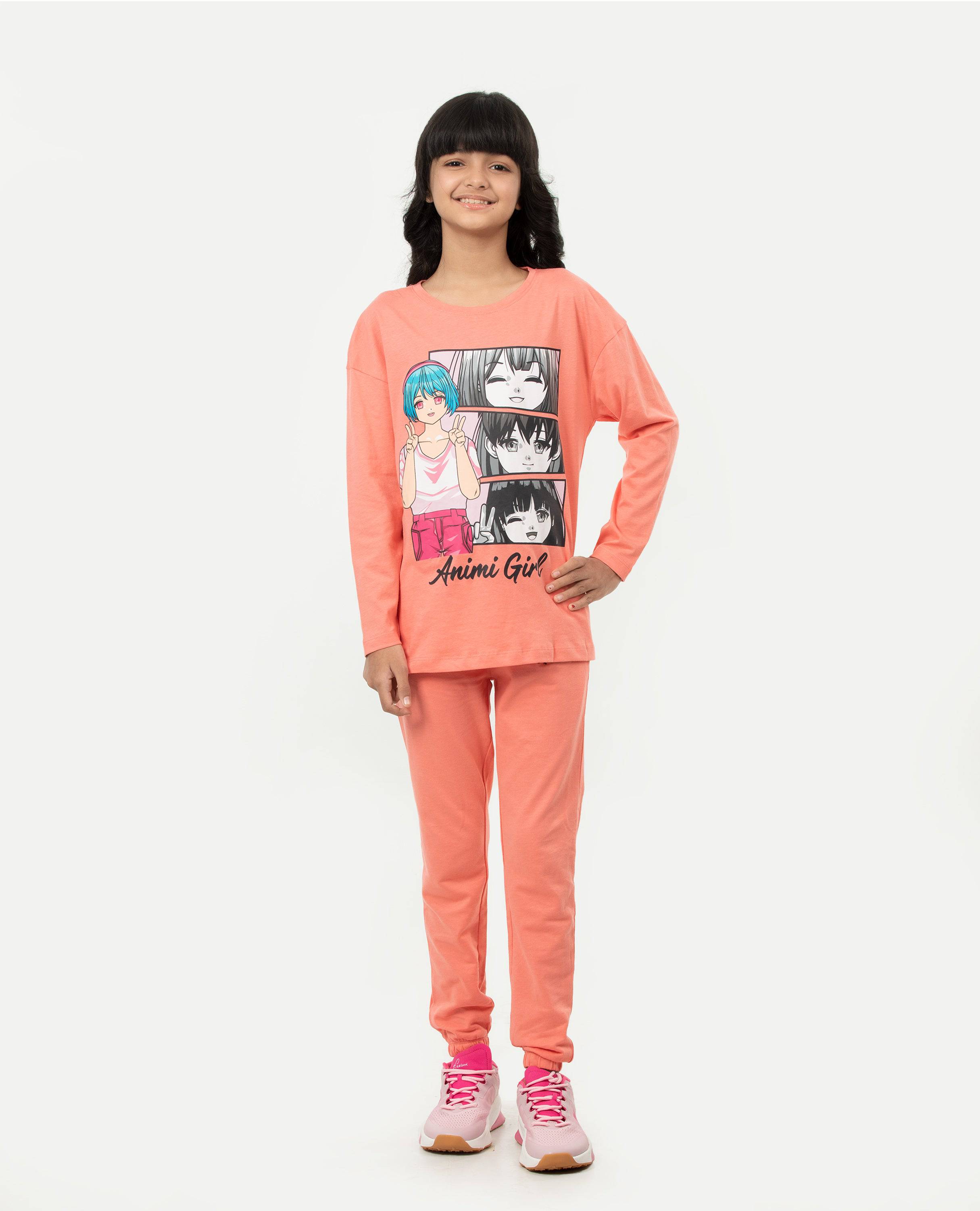 Girl's Anime Print Long Sleeve T-shirt & Bottom Set.