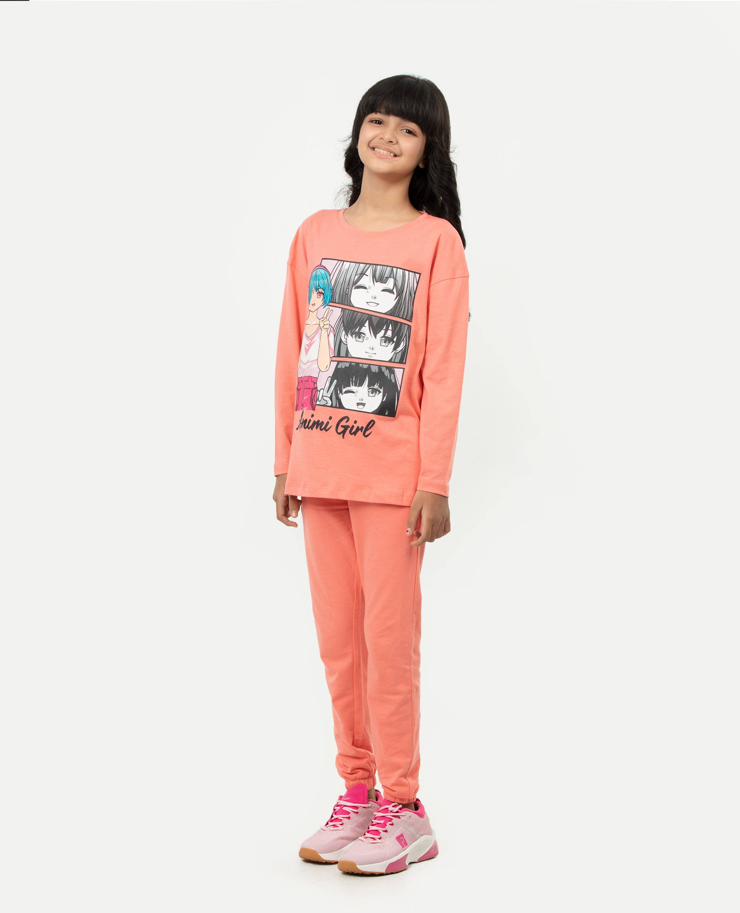 Girl's Anime Print Long Sleeve T-shirt & Bottom Set.