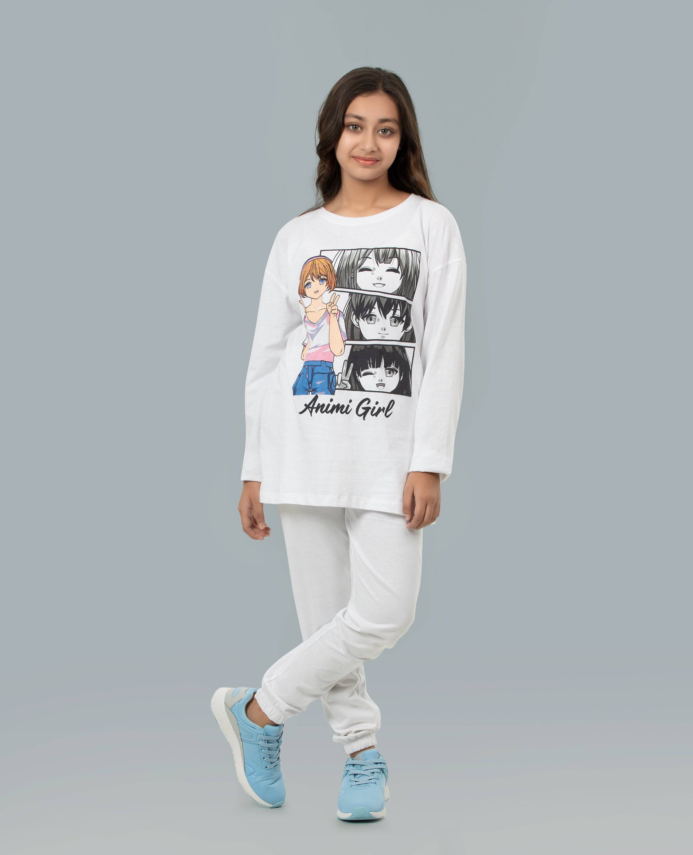 Girl's Anime Print Long Sleeve T-shirt & Bottom Set.