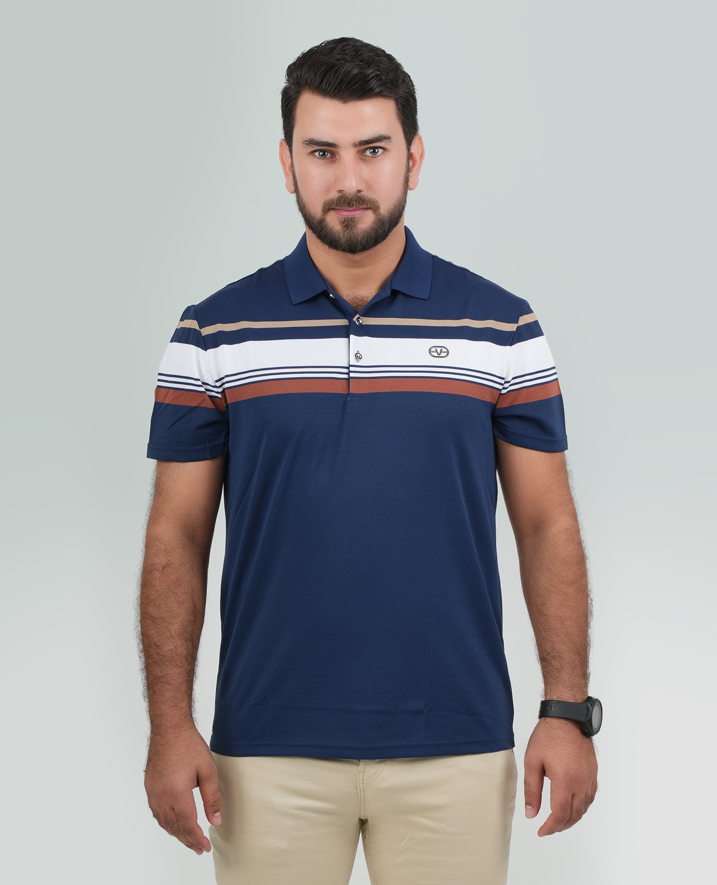 Men’s Half-Striped Polo Shirt – Horizontal Upper Stripes, Short Sleeves | Finelook.