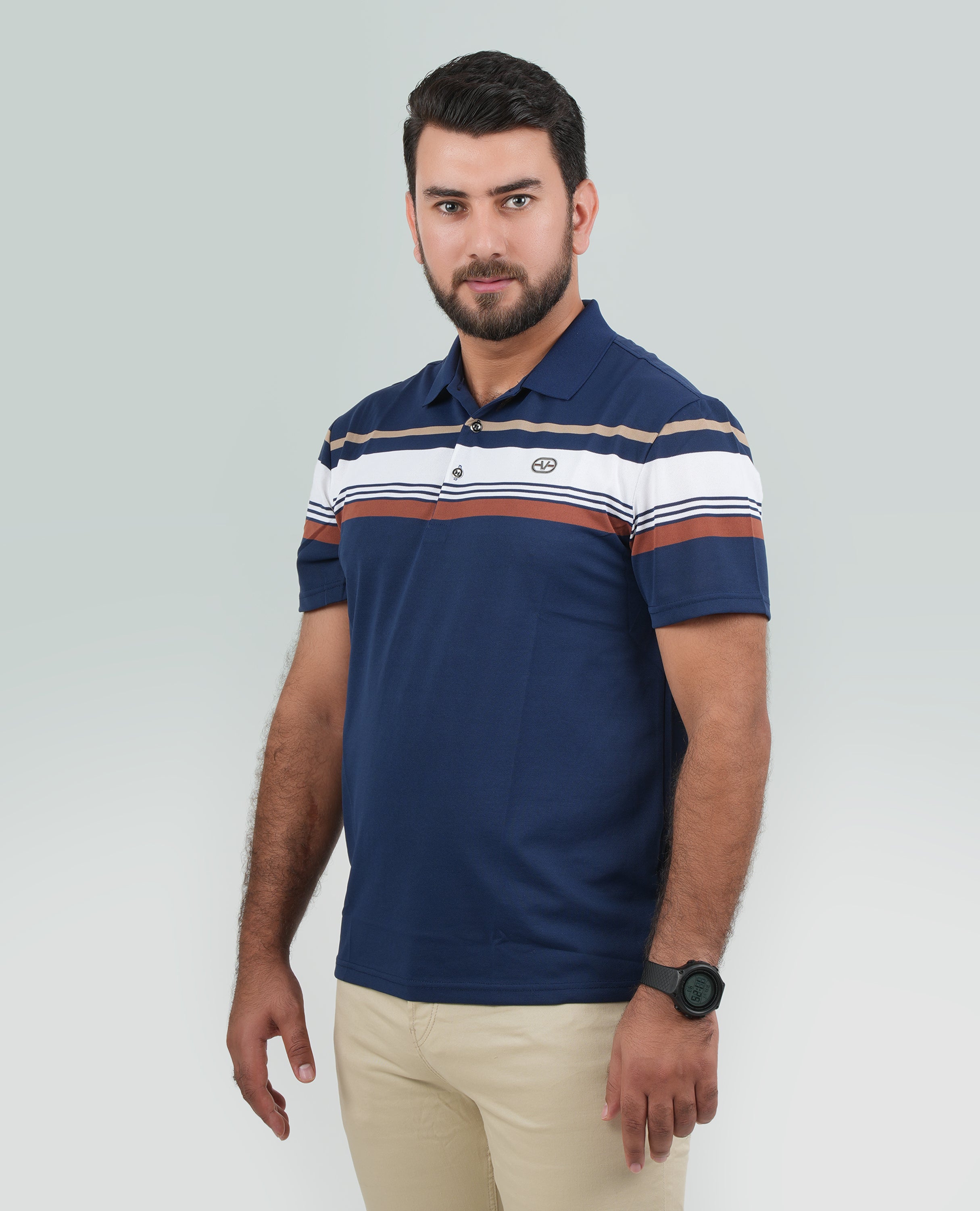 Men’s Half-Striped Polo Shirt – Horizontal Upper Stripes, Short Sleeves | Finelook.