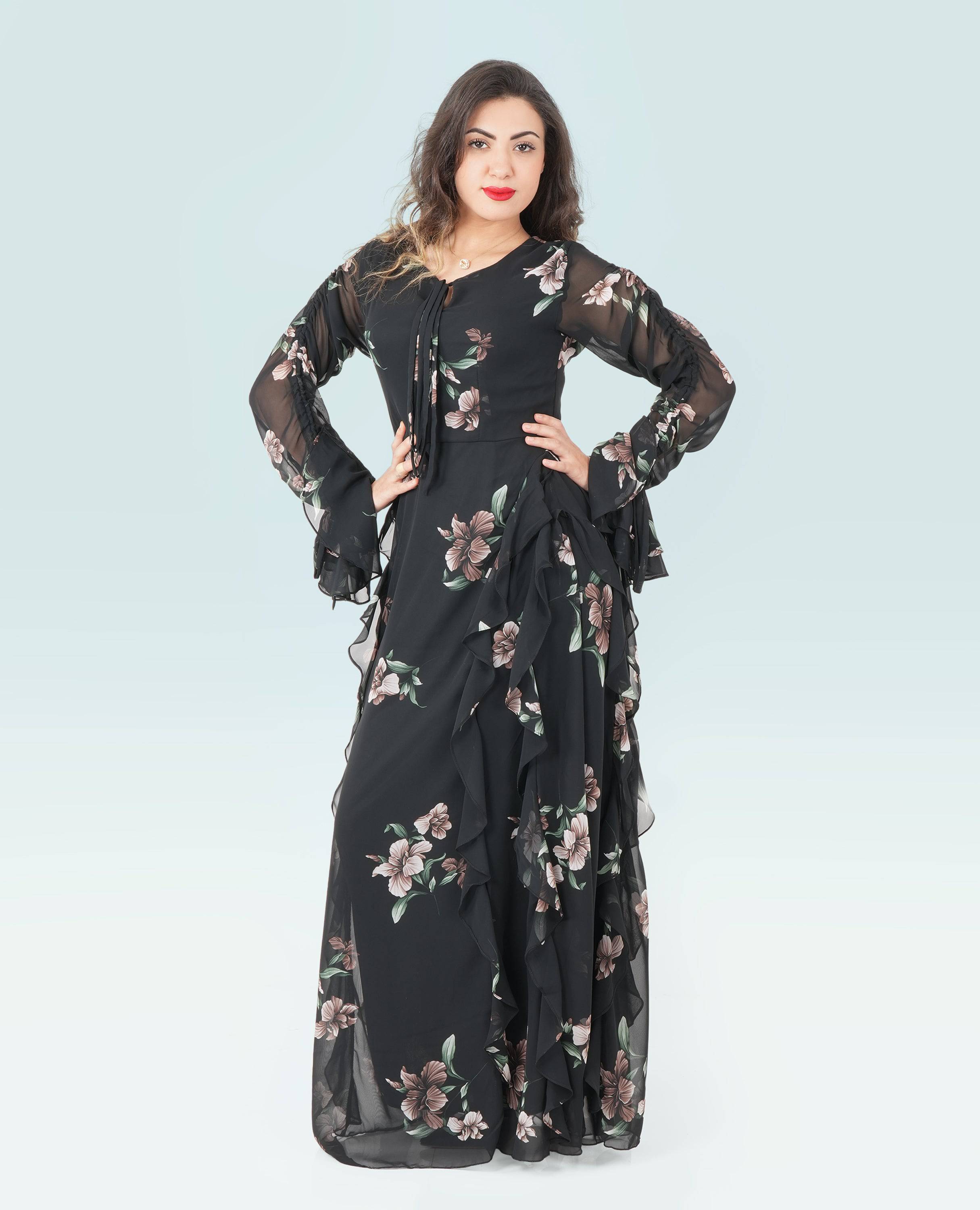 bhldn floral chiffon plunge long-sleeve ruffle maxi dress Floral Chiffon Plunge Long-Sleeve Ruffle Maxi Dres