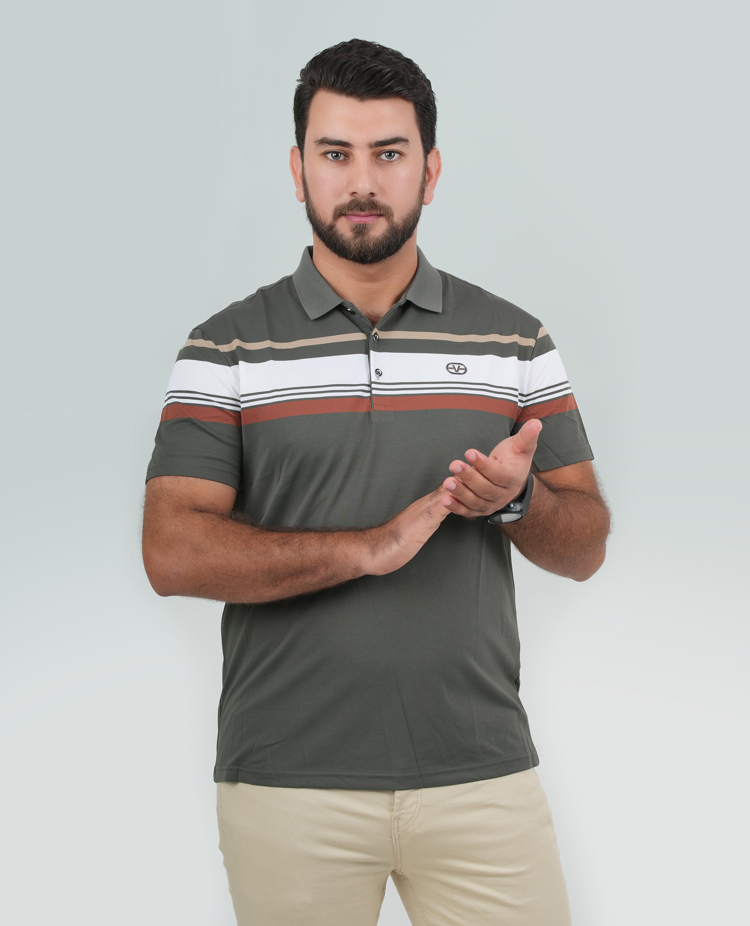 Men’s Half-Striped Polo Shirt – Horizontal Upper Stripes, Short Sleeves | Finelook.