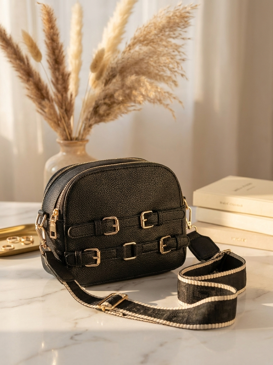 Women's Pebbled Crossbody Bag with Gold Buckles & Patterned Strap – FineLook