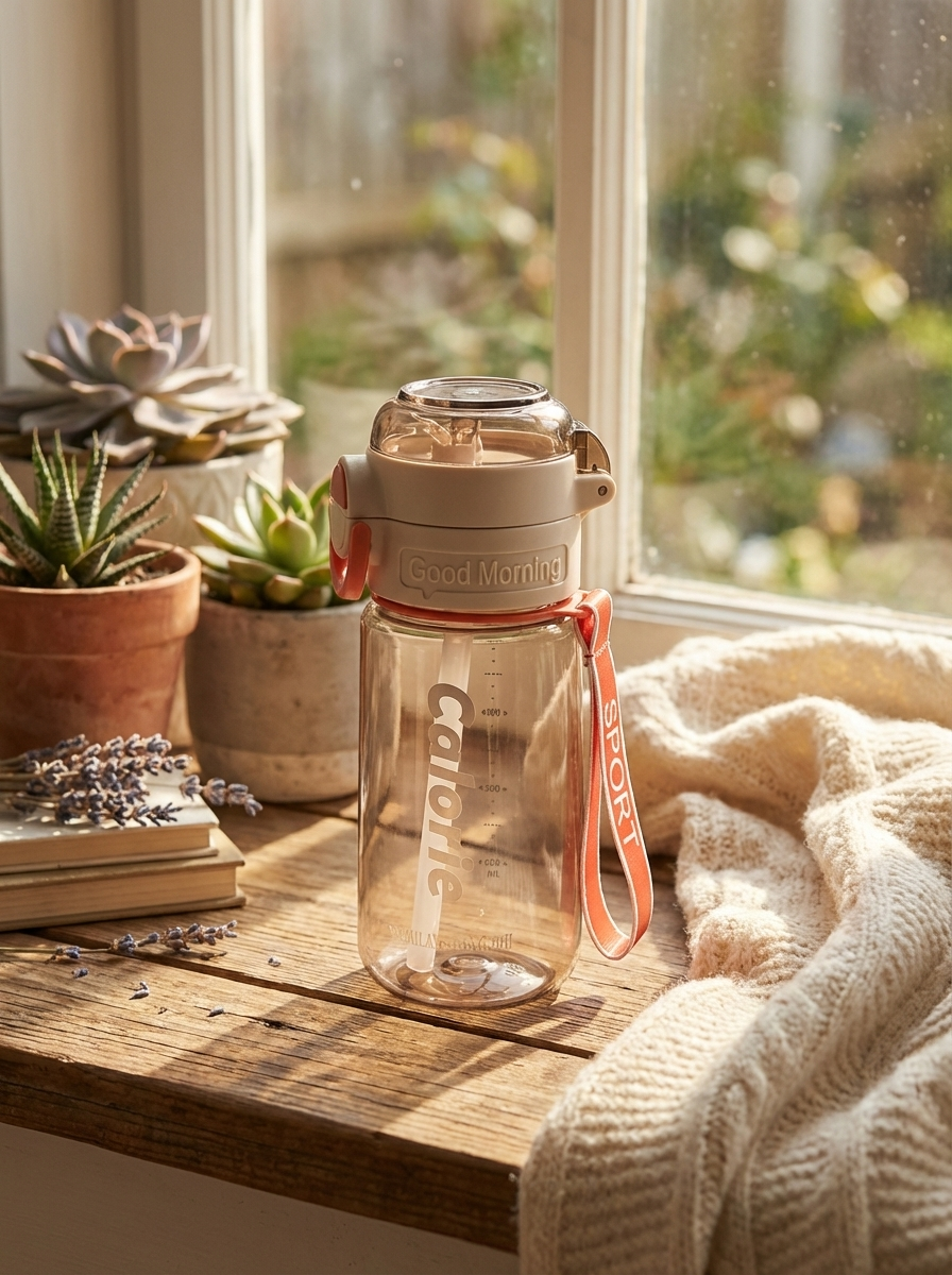 Water Bottle with Straw & Strap - 500 ml
