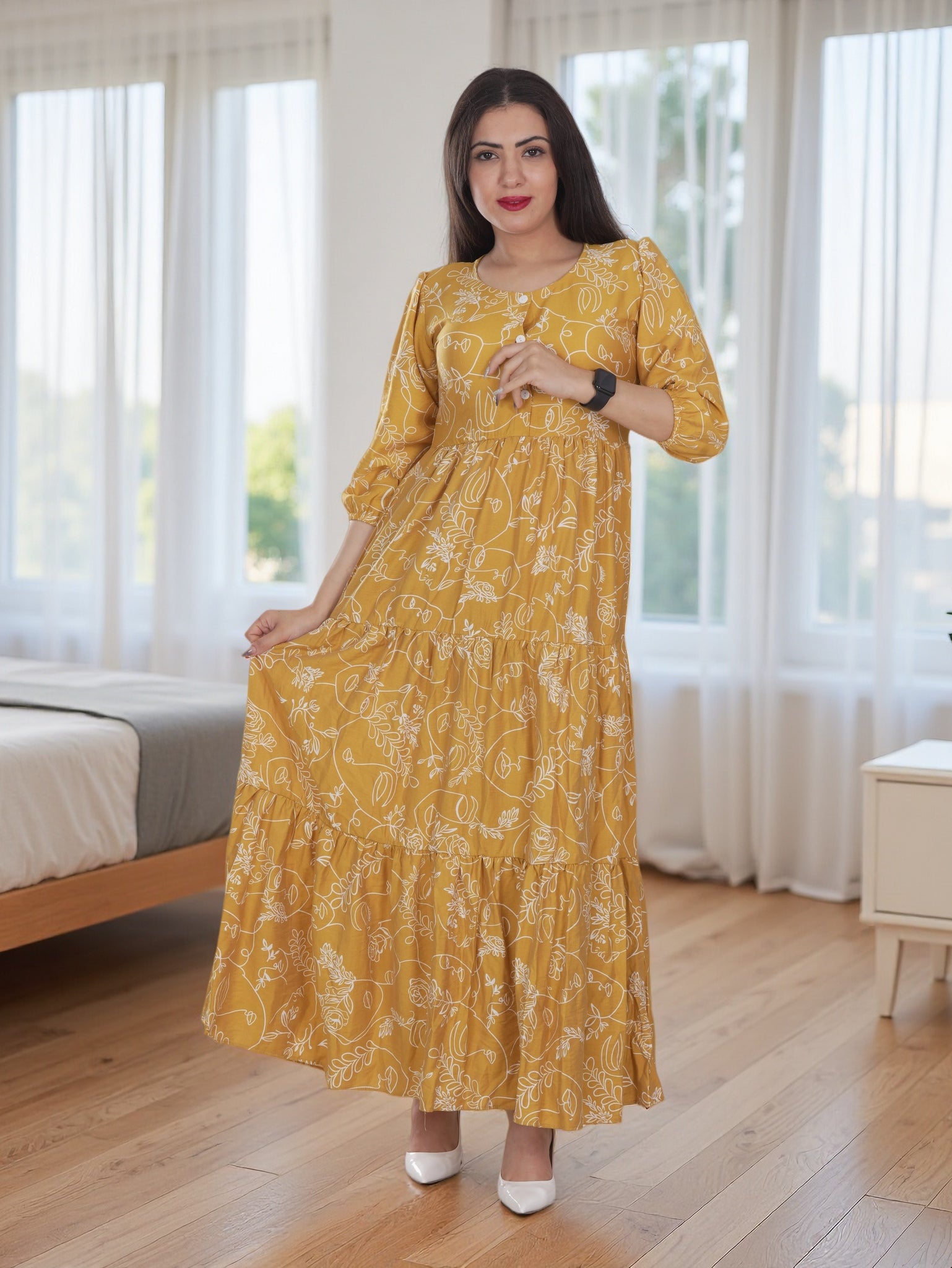 slim fit dress slacks Mustard Gold Laced Ruffled Tiered Maxi Dress with Adjustable Straps Small