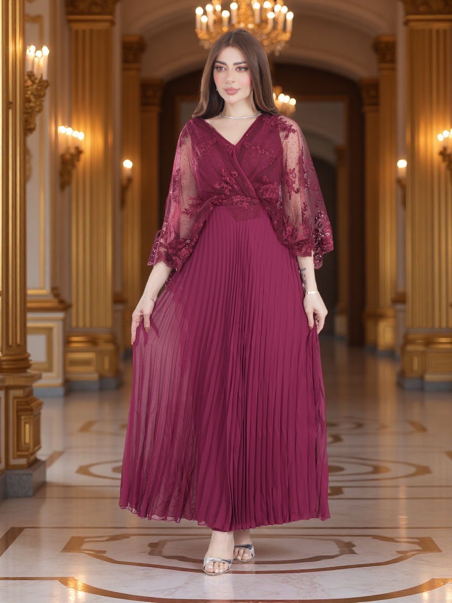 burgundy modest dress Burgundy Pleated Evening Dress with Embroidered Sheer Sleeves – Elegan –  FineLook