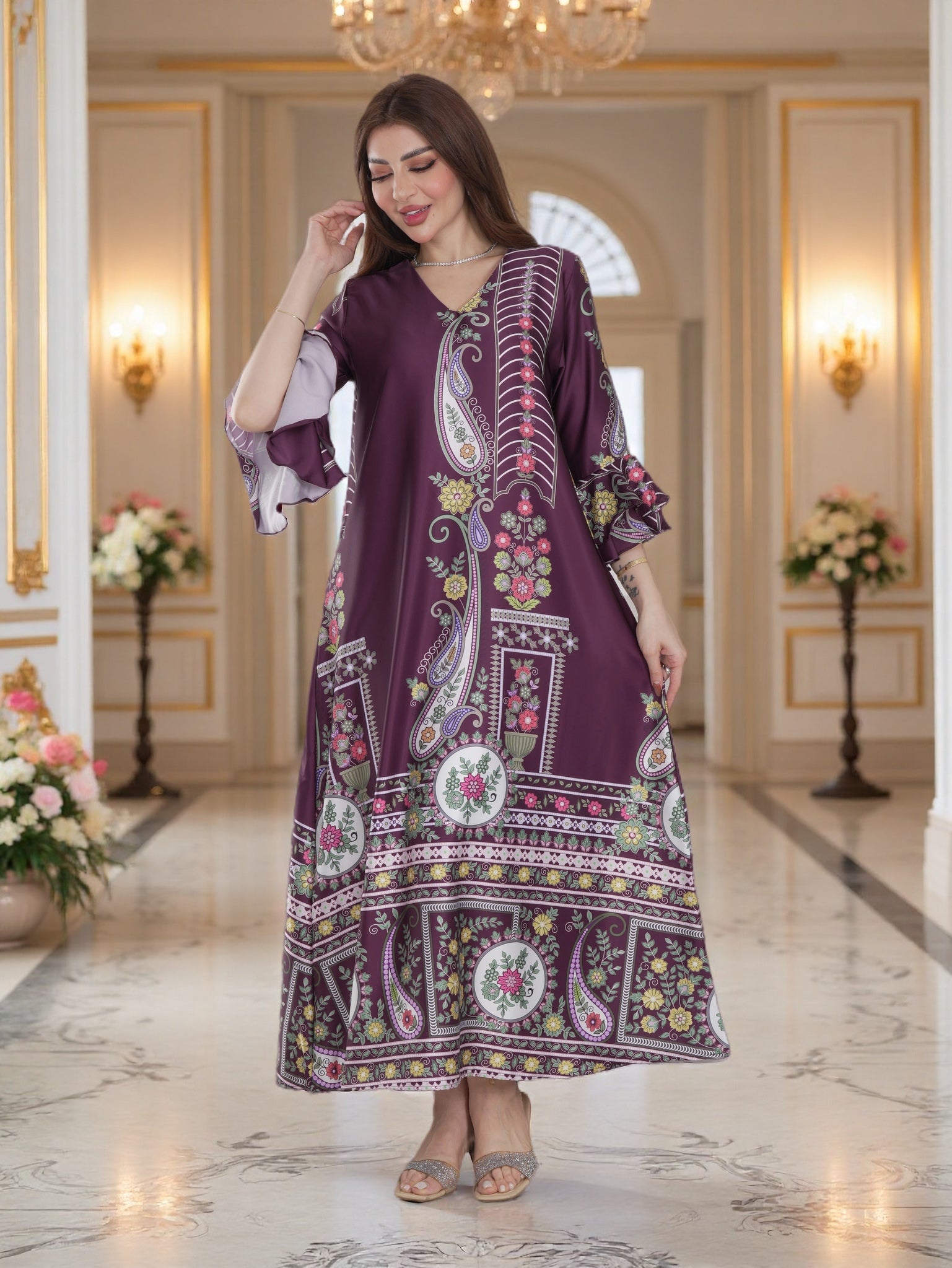 Plum Heritage Print Modest Maxi Dress with Flared Sleeves – FineLook Plum Heritage Print Modest Maxi Dress with Flared Sleeves – FineLook