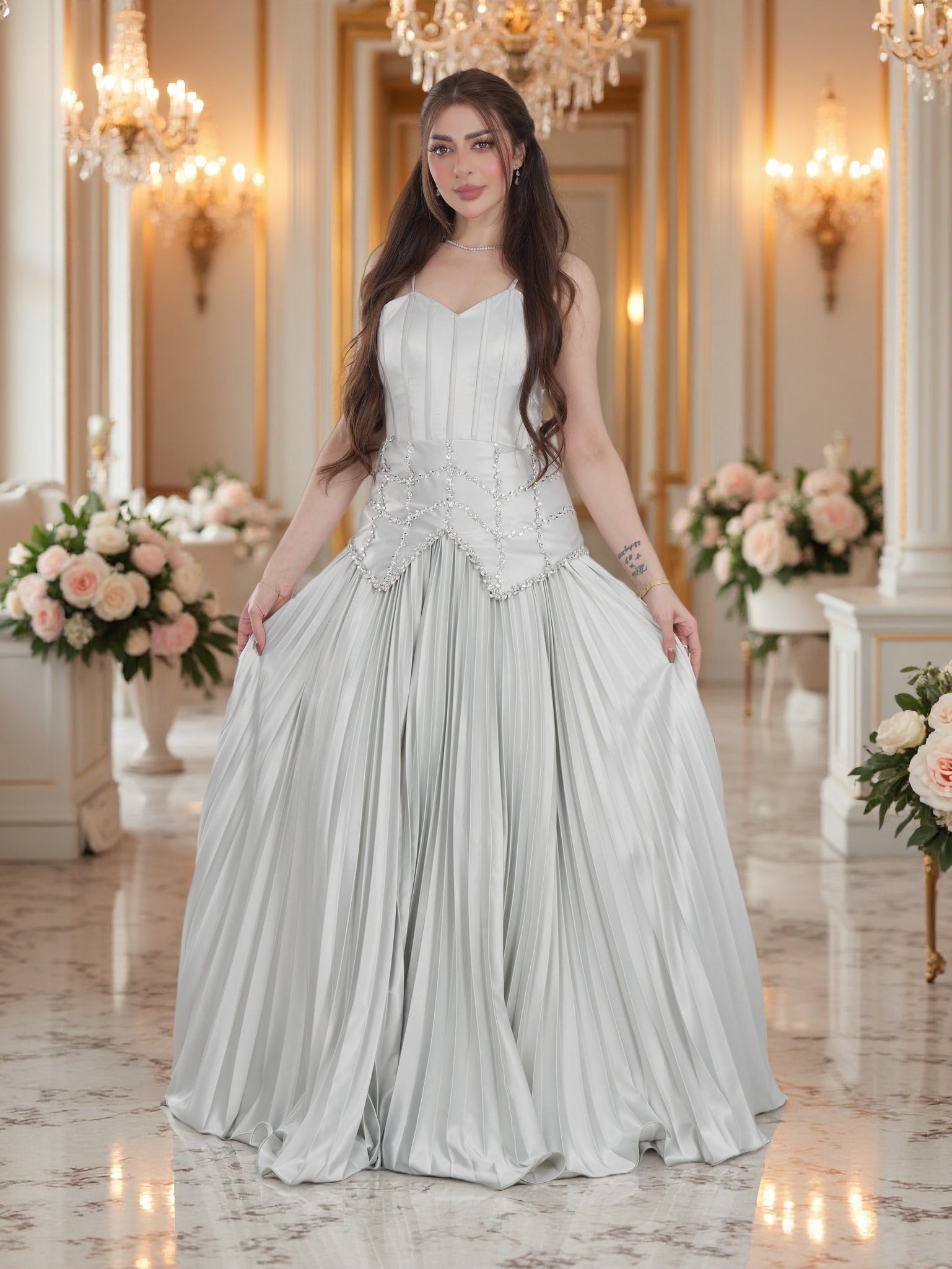formal white and silver dress Off The Shoulder Sequin Slit Gown By Ladivine CD0203