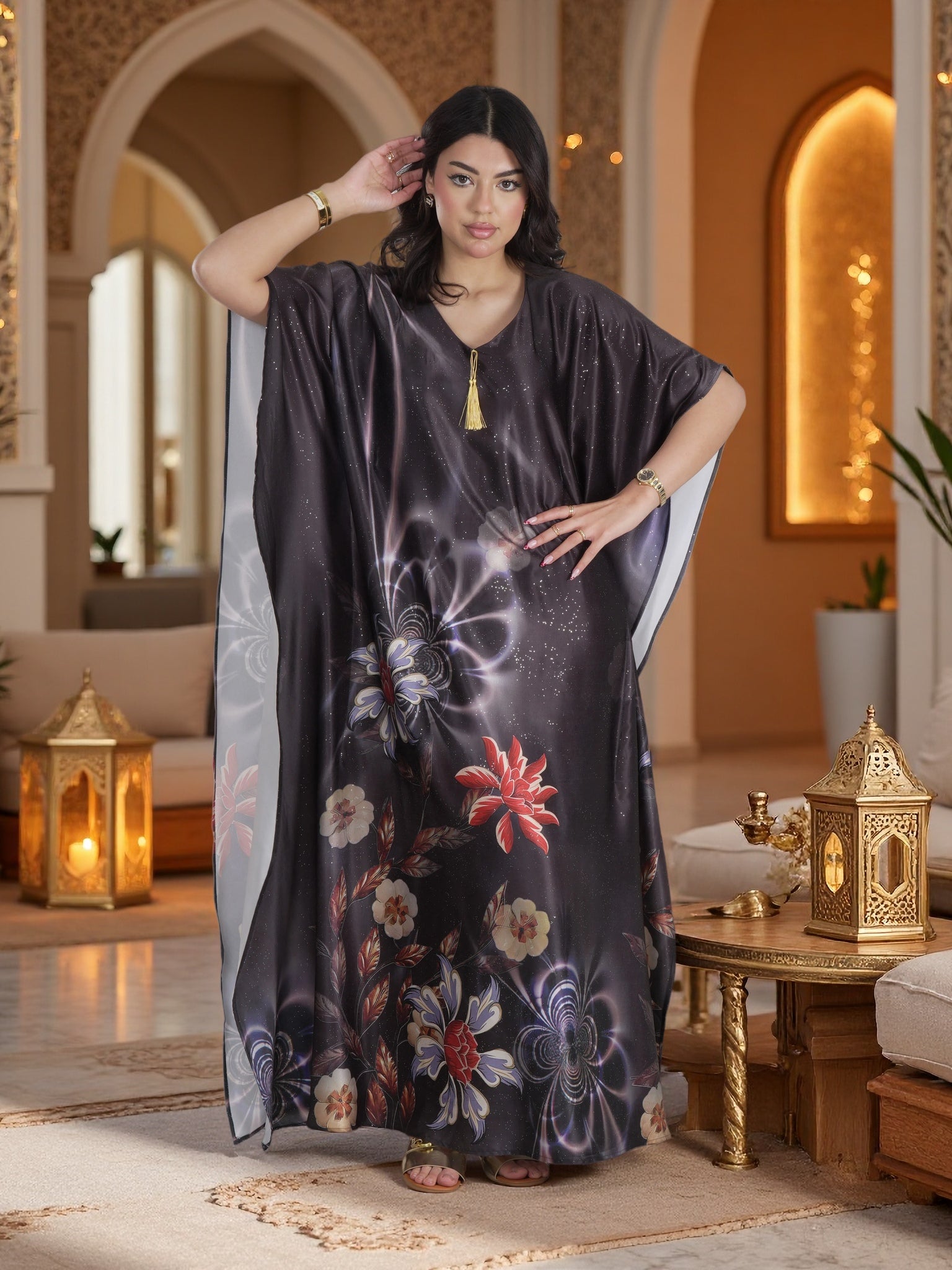 Premium Black Floral Kaftan Maxi Dress Luxury Modest Evening, Ramada FineLook Premium Black Floral Kaftan Maxi Dress Luxury Modest Evening, Ramada FineLook