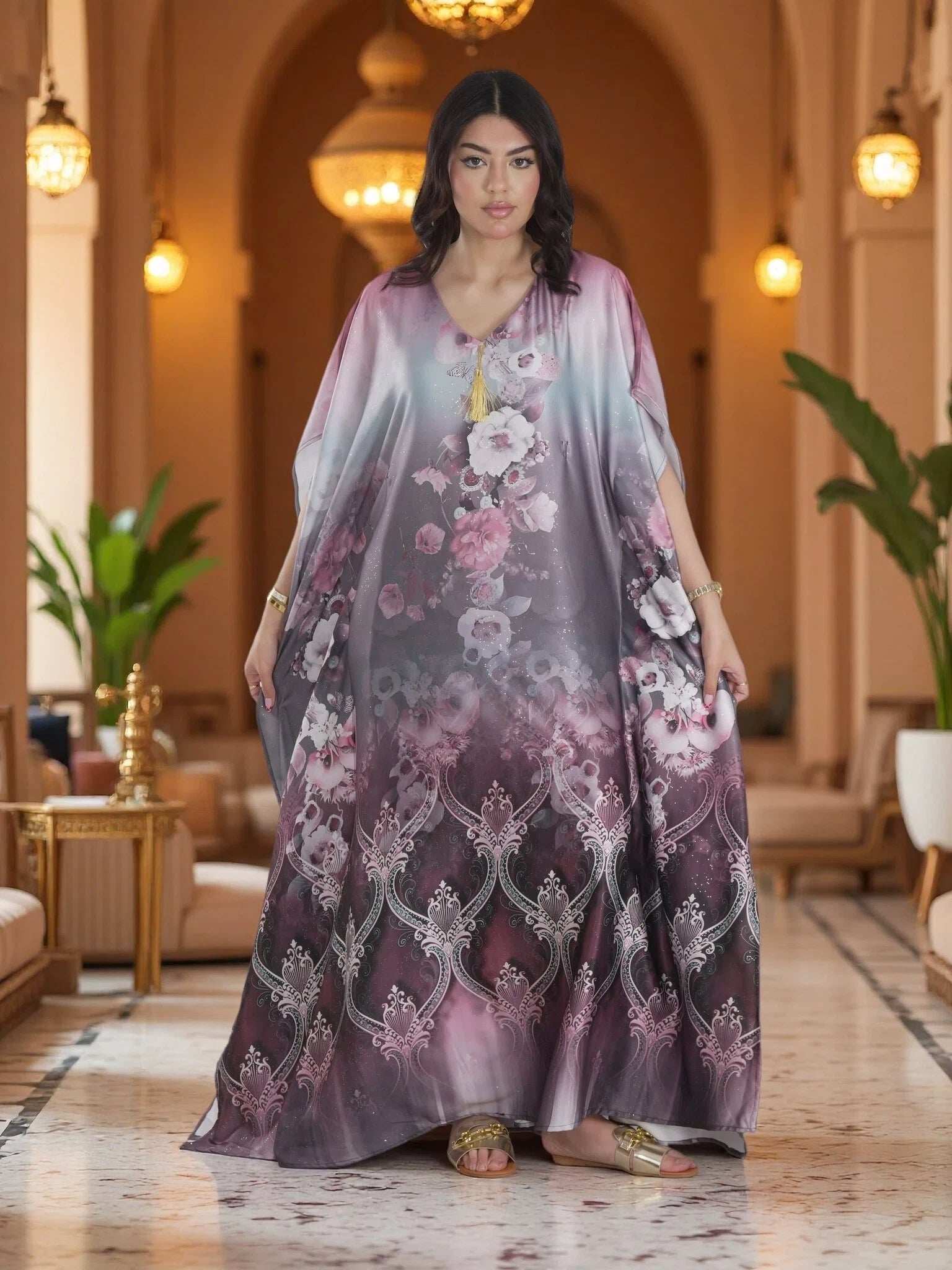 Luxury Floral Kaftan Maxi Dress Elegant Modest V-Neck Evening Wear FineLook Luxury Floral Kaftan Maxi Dress Elegant Modest V-Neck Evening Wear FineLook