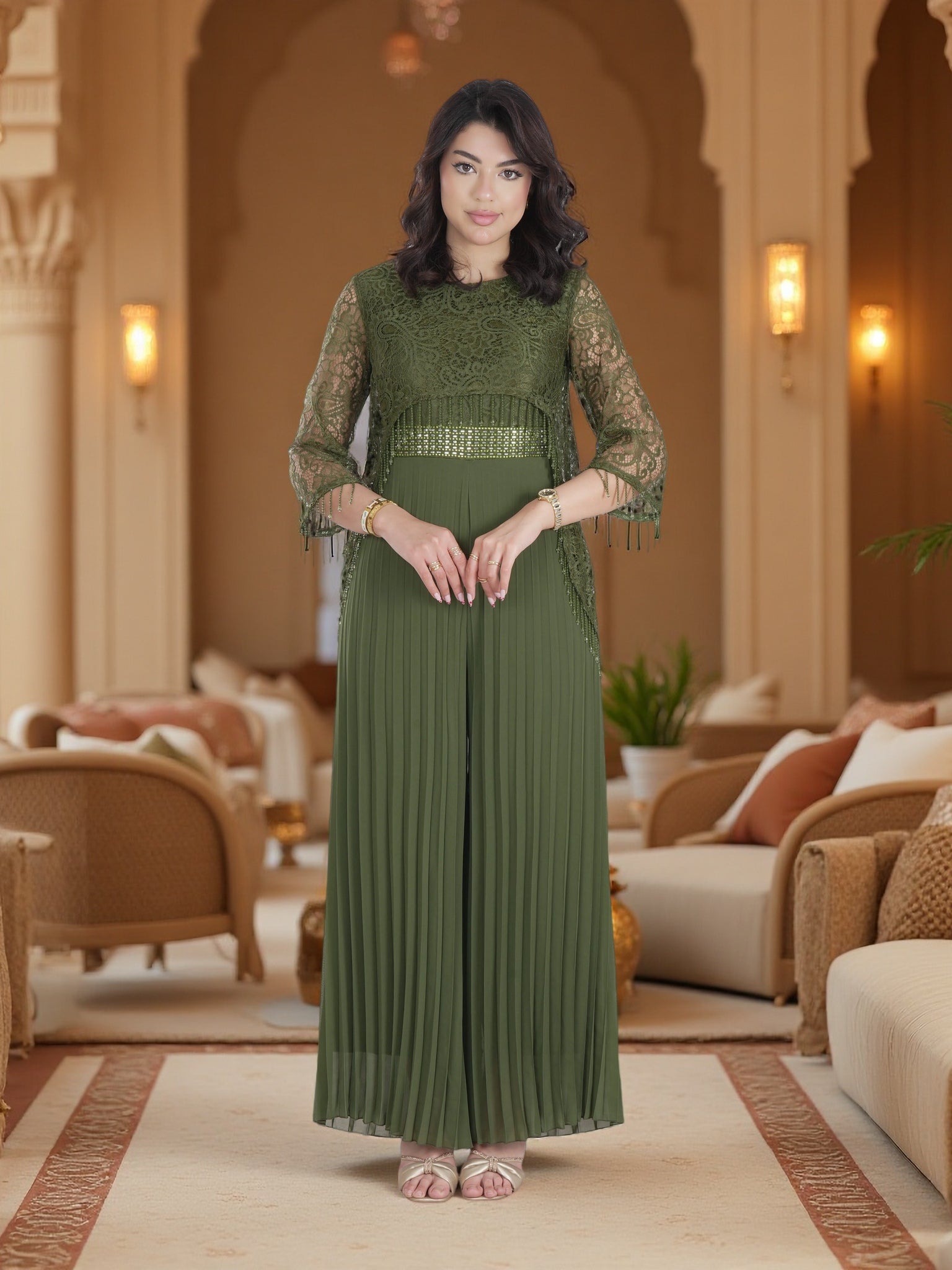 Elegant Olive Green Lace & Pleated Chiffon Maxi Dress Luxury Modest FineLook Elegant Olive Green Lace & Pleated Chiffon Maxi Dress Luxury Modest FineLook