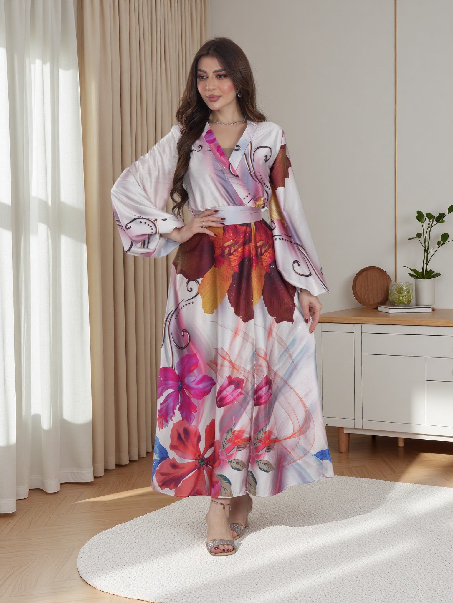 Floral Wrap-Style Modest Maxi Dress with Waist Belt – FineLook