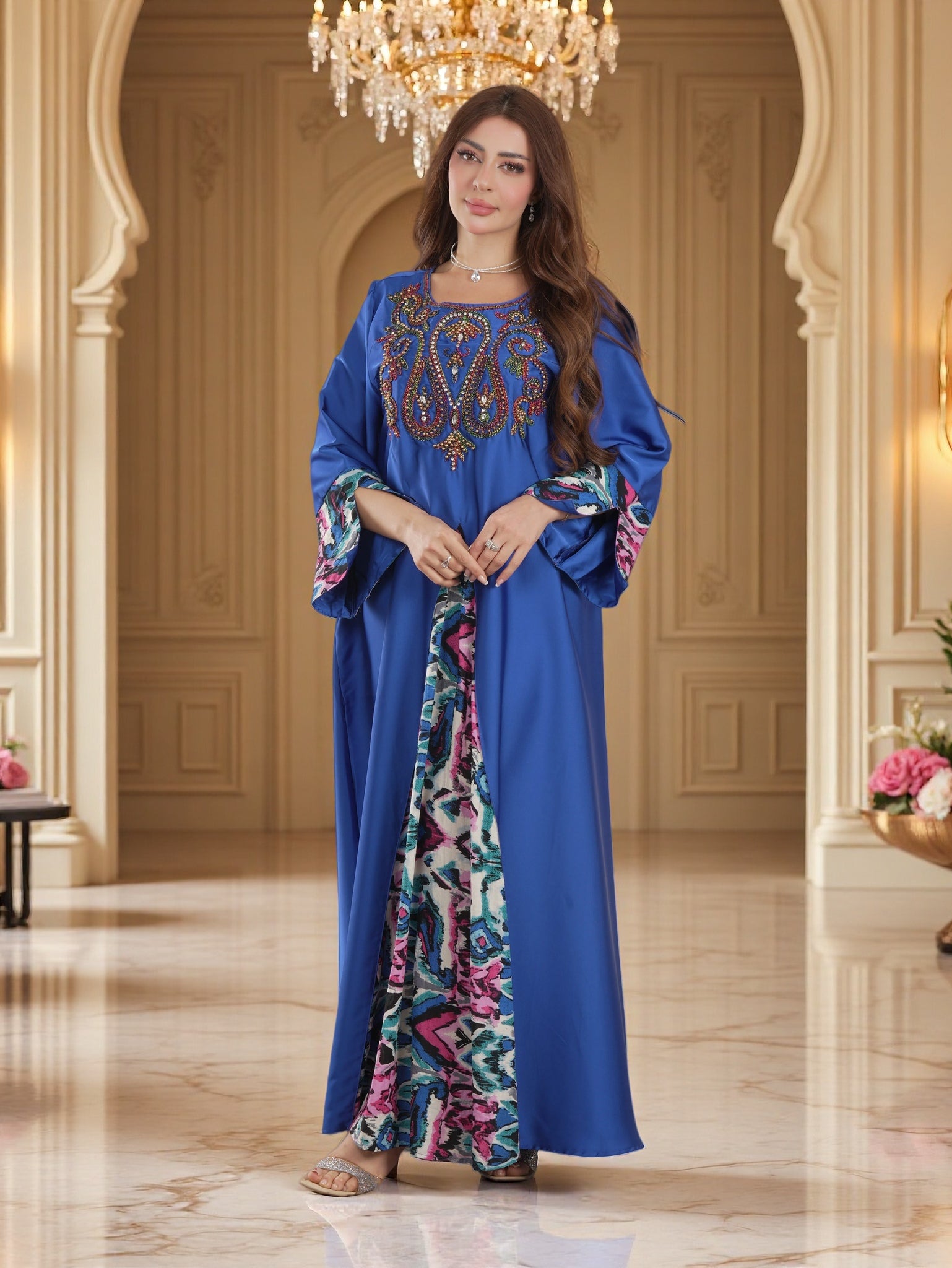 Women's Embellished Maxi Kaftan Dress – Beaded Neckline, Printed Contr – FineLook