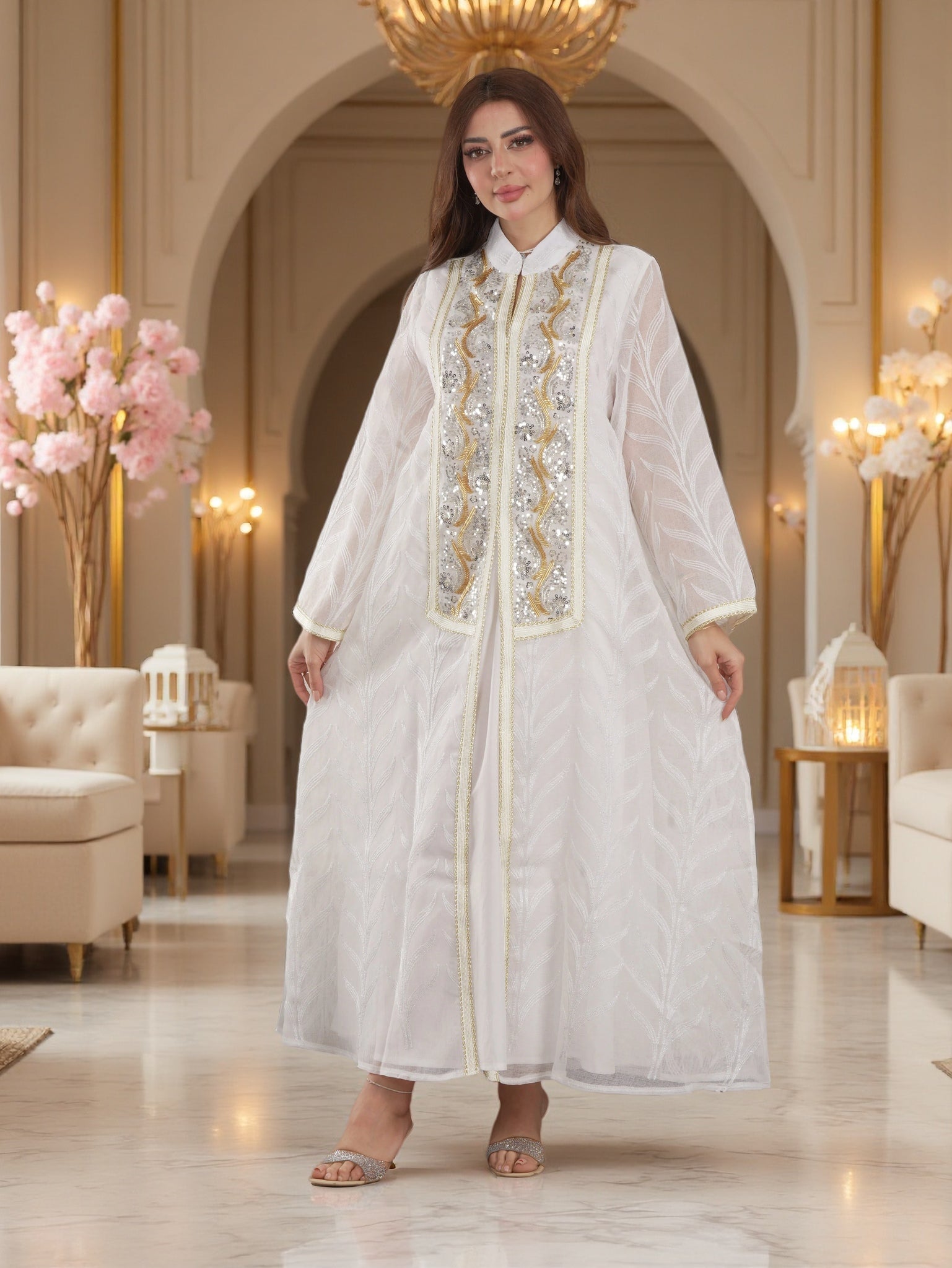 Women's Embellished Sheer Maxi Kaftan Dress – Elegant Beaded Modest Ev – FineLook