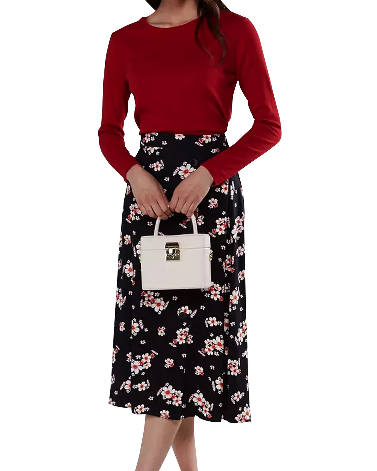 Women's Floral Printed Midi Skirt with Button Detail