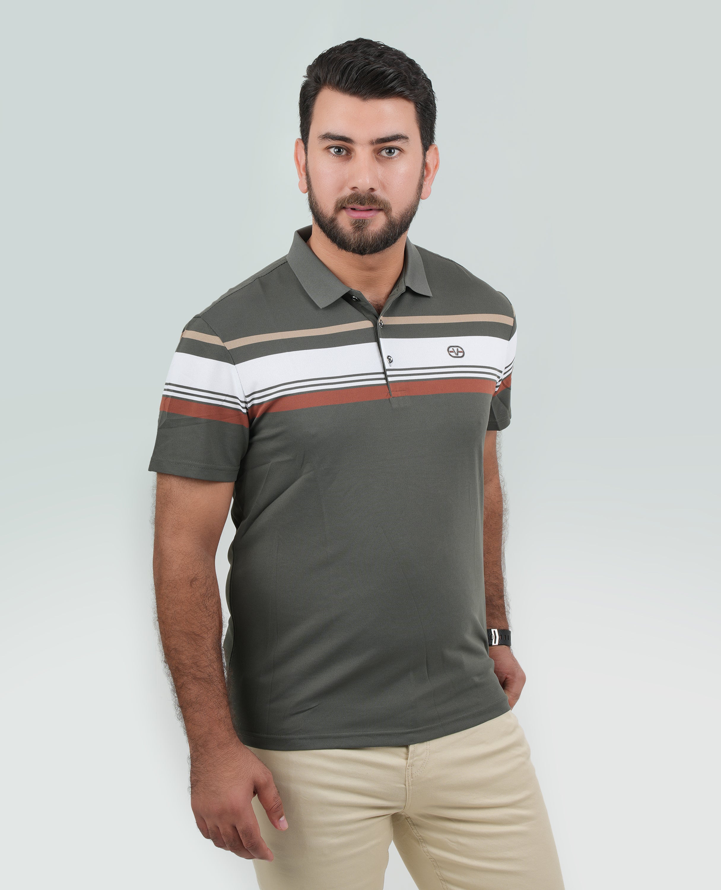 Men’s Half-Striped Polo Shirt – Horizontal Upper Stripes, Short Sleeves | Finelook.
