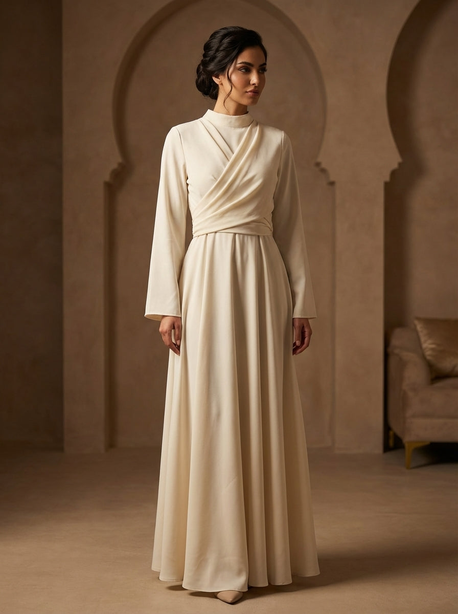 Elegant Modest Long Sleeve Maxi Dress for Women Draped Waist A-Line FineLook Elegant Modest Long Sleeve Maxi Dress for Women Draped Waist A-Line FineLook