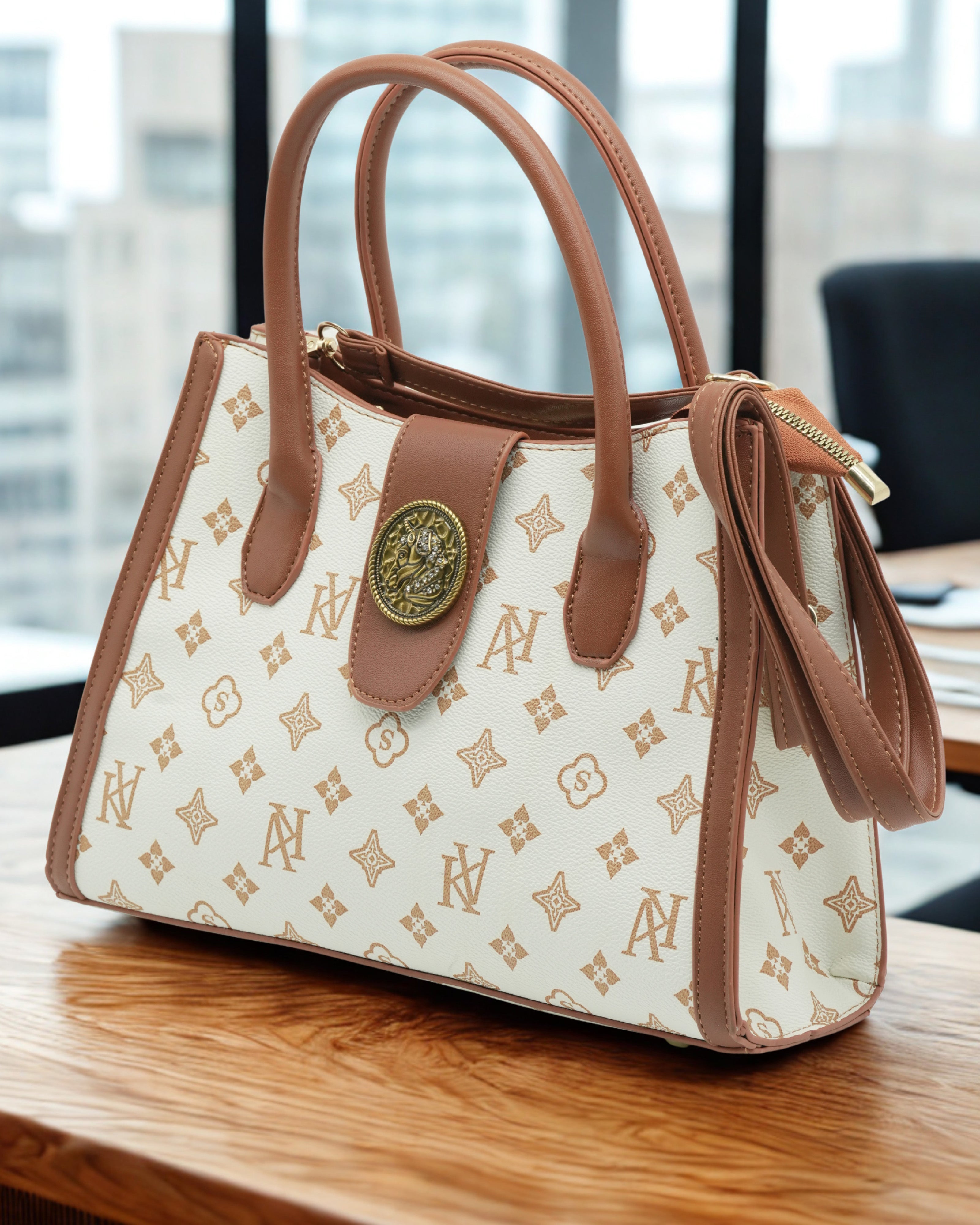 حقيبة يد فاخرة باللونين البني والأبيض مع محفظة مطابقة - حقيبة جلدية من البولي يوريثان مستوحاة من المصممين للنساء