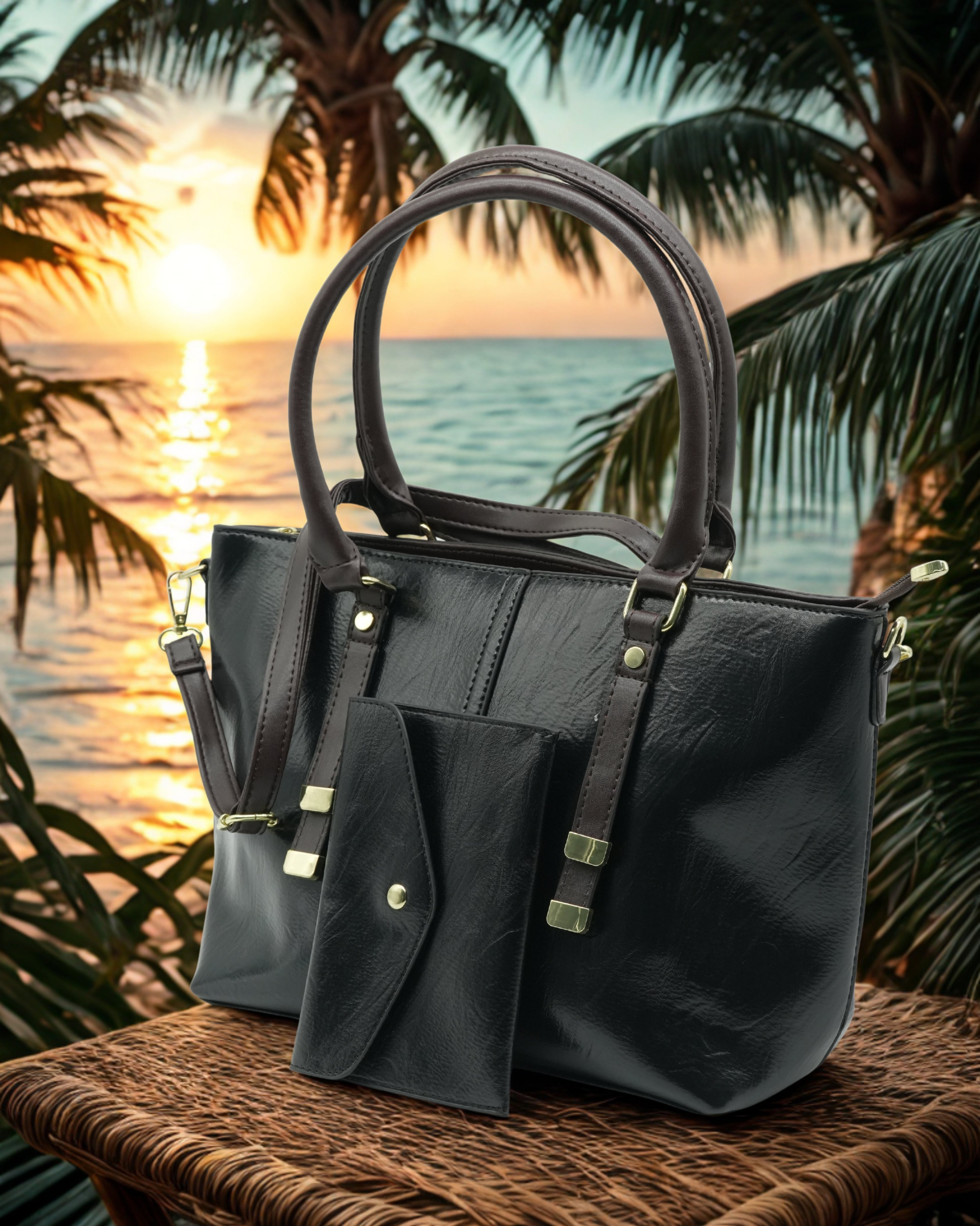 حقيبة توت نسائية من الجلد البني مع محفظة مطابقة - حقيبة كتف كبيرة للعمل والاستخدام اليومي