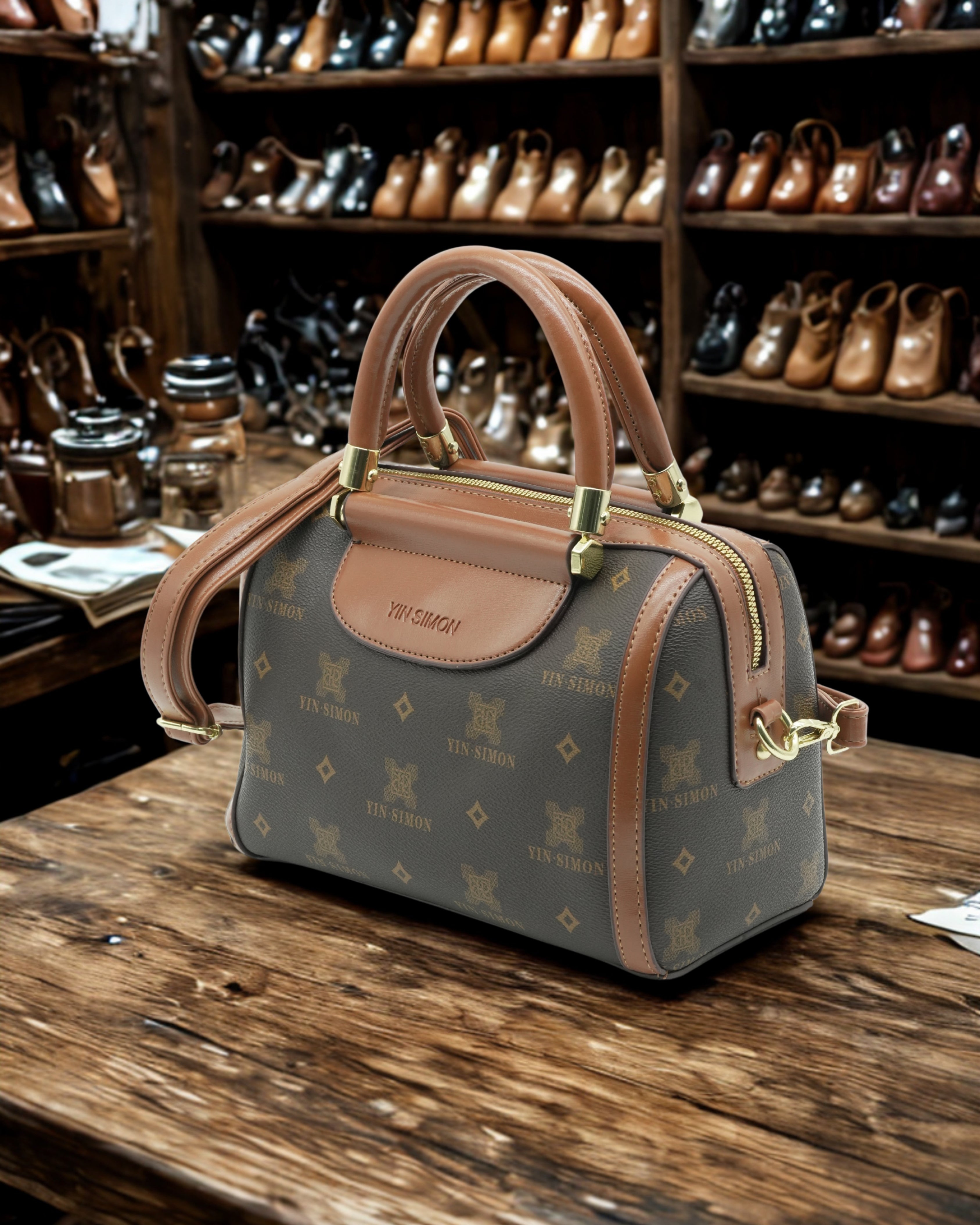حقيبة يد YIN SIMON من جلد البولي يوريثان المزخرفة بشعار الشركة - حقيبة يد فاخرة باللون البني للنساء مع أجزاء معدنية ذهبية