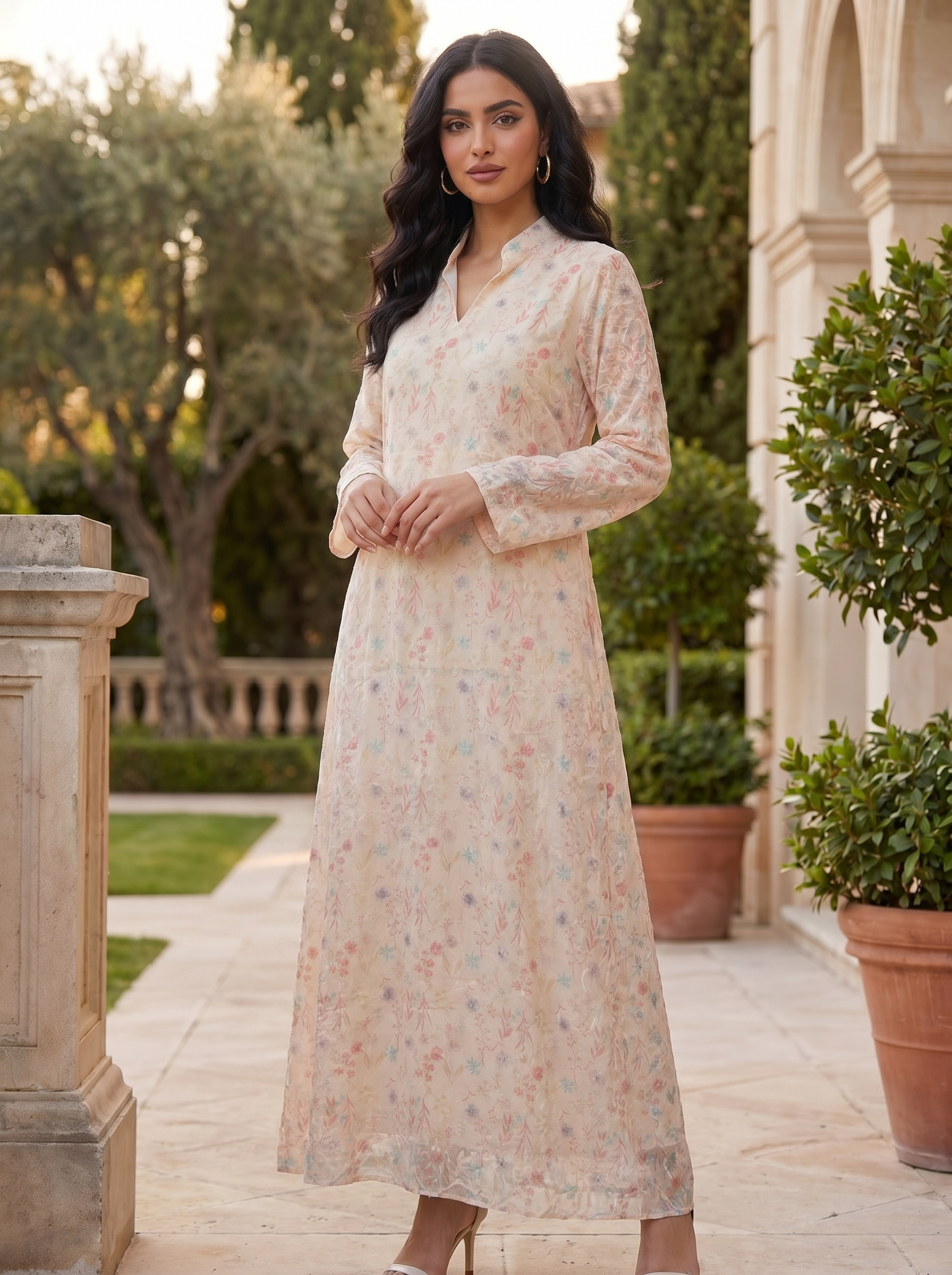 Elegant Floral Embroidered Modest Maxi Dress