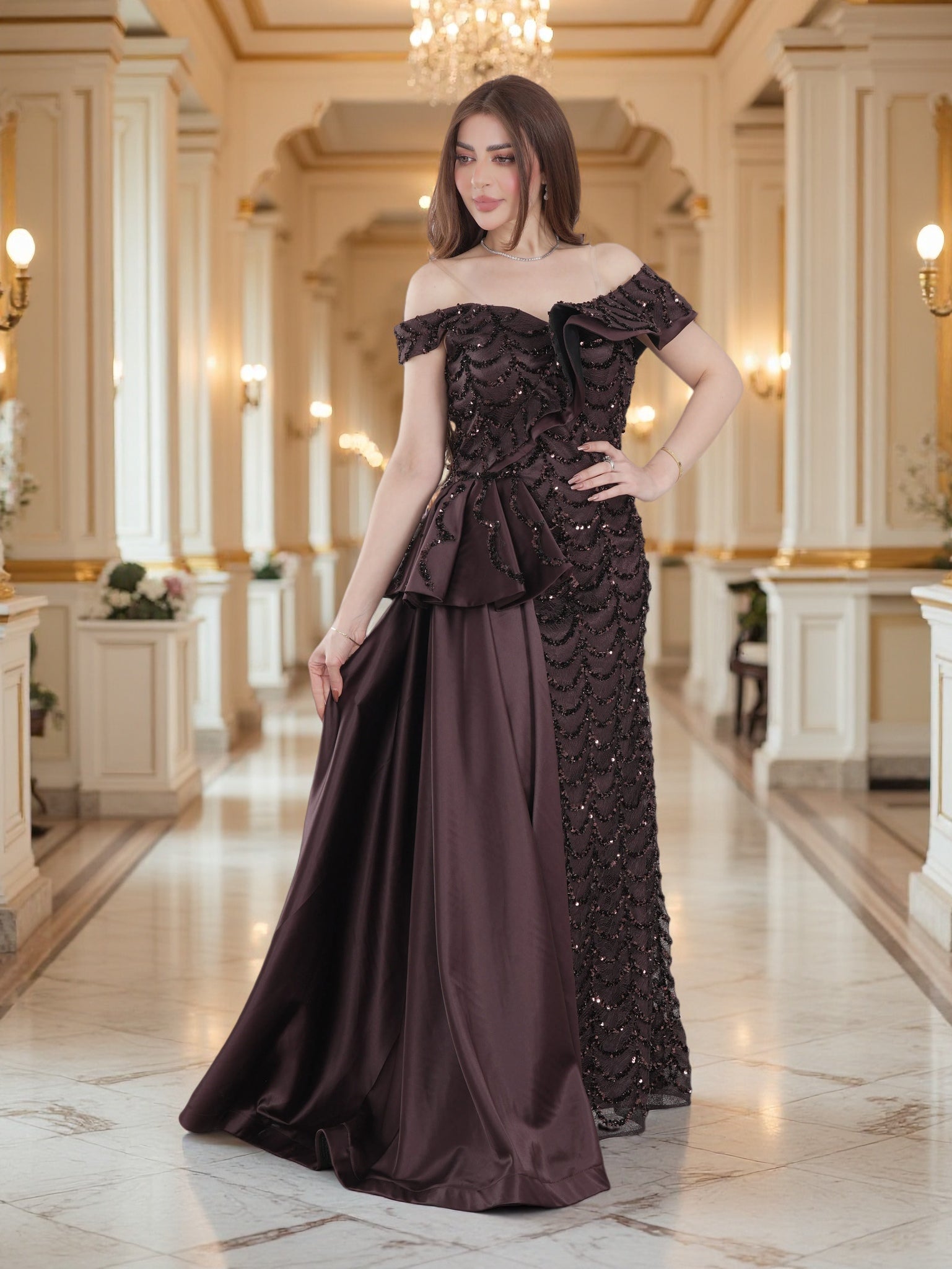 Luxury Off-Shoulder Sequin Evening Gown with Draped Satin Skirt  Eleg   FineLook