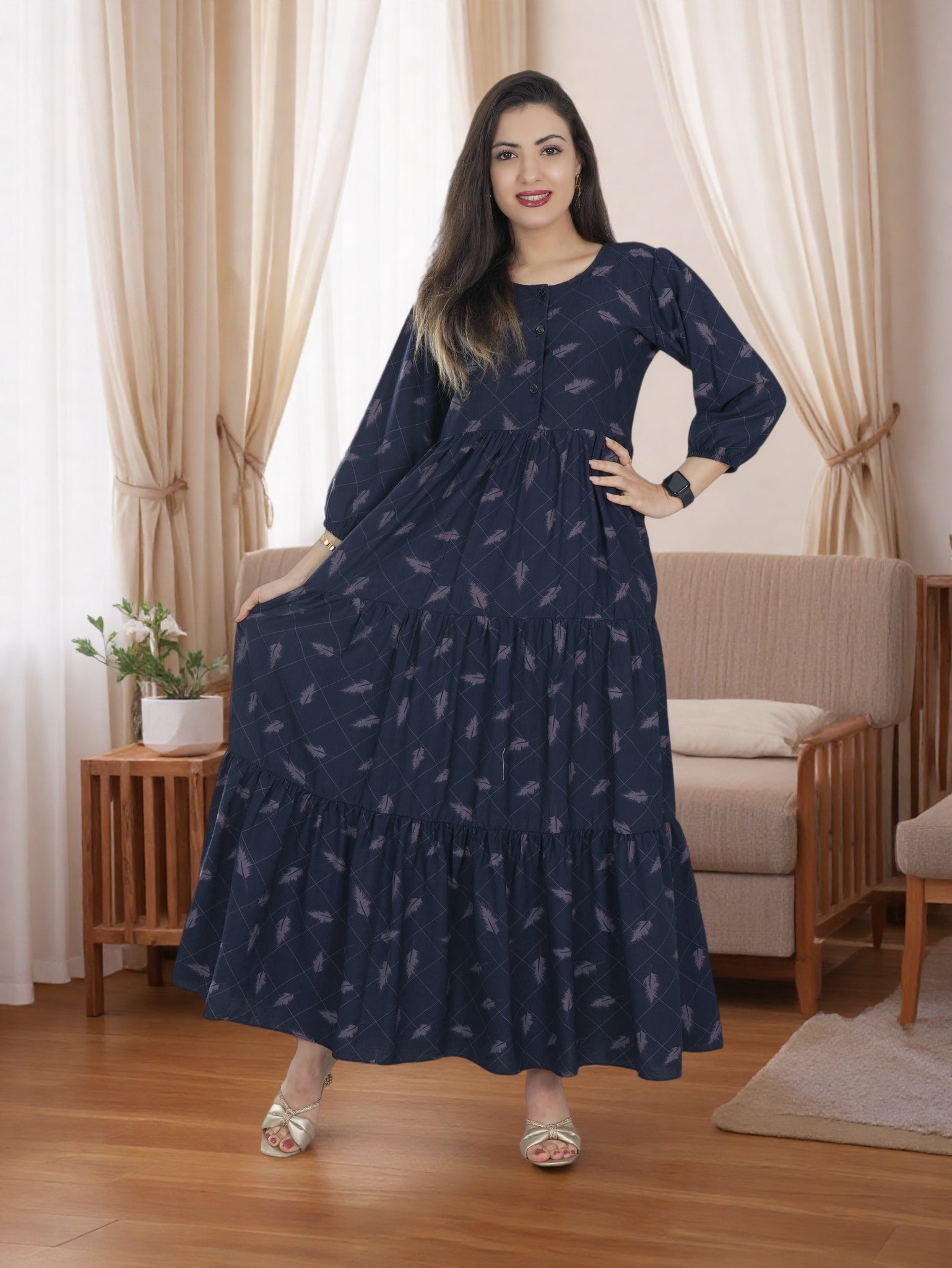 Women's Navy Blue Printed Maxi Dress with Three-Quarter Sleeves FineLook Women's Navy Blue Printed Maxi Dress with Three-Quarter Sleeves FineLook