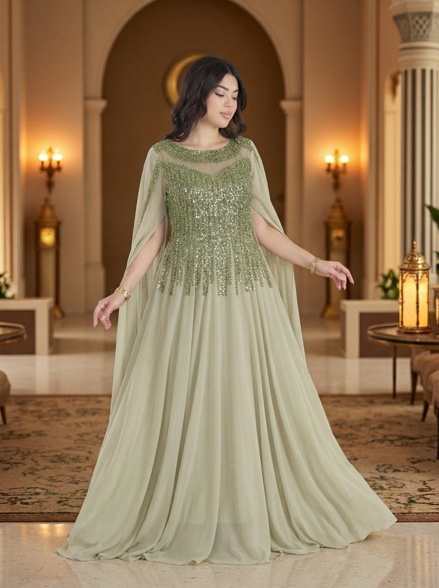 Luxury Sage Green Embellished Cape Maxi Gown Elegant Modest Chiffon FineLook Luxury Sage Green Embellished Cape Maxi Gown Elegant Modest Chiffon FineLook