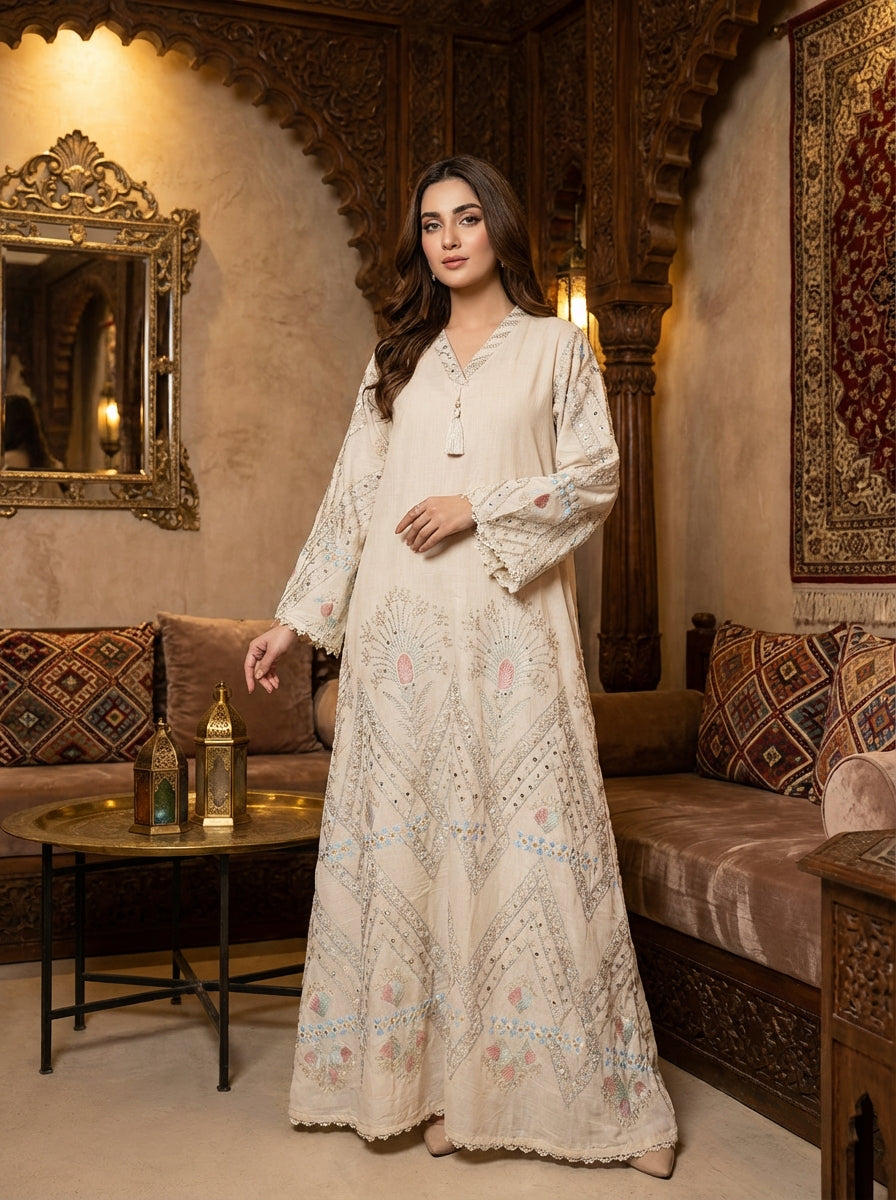 Women's Embroidered Cream Maxi Dress FineLook Women's Embroidered Cream Maxi Dress FineLook