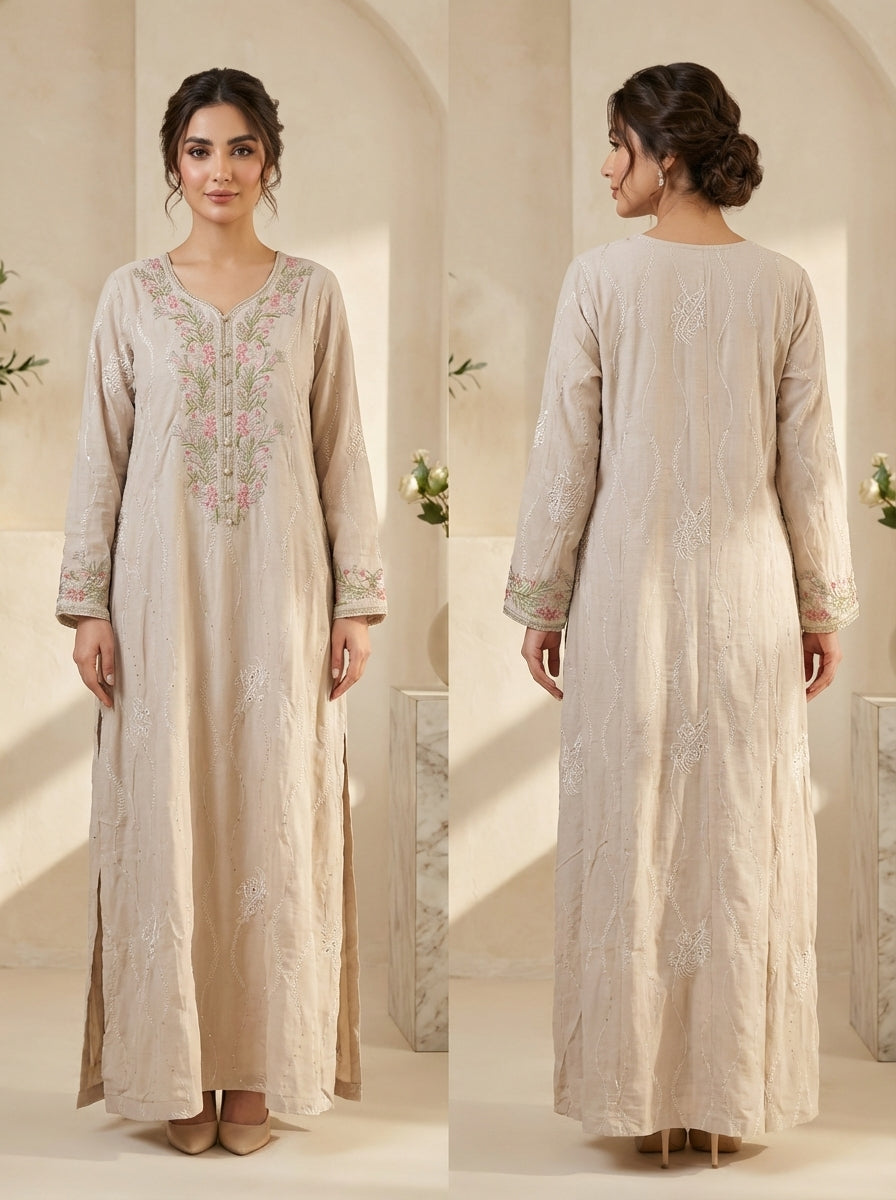Elegant Cream Embroidered Maxi Dress for Women – FineLook