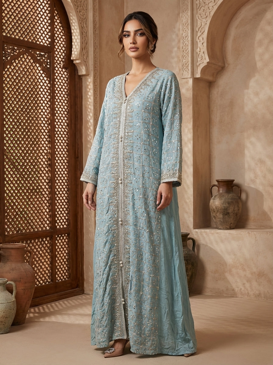 Elegant Embroidered Modest Blue Maxi Dress for Women – Luxury Arabic S –  FineLook