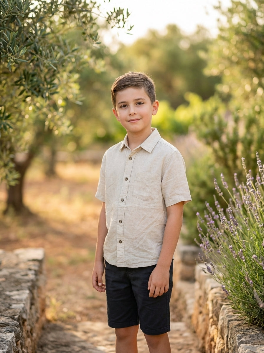 Boys Beige Short Sleeve Shirt Lightweight Breathable Kids Casual But FineLook Boys Beige Short Sleeve Shirt Lightweight Breathable Kids Casual But FineLook