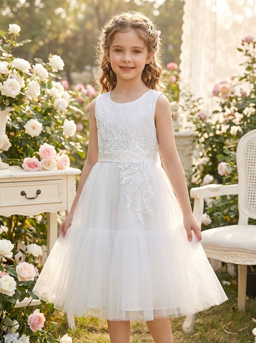 Girls Elegant Party Dress – White Embroidered Princess Dress For Speci – FineLook Girls Elegant Party Dress – White Embroidered Princess Dress For Speci – FineLook