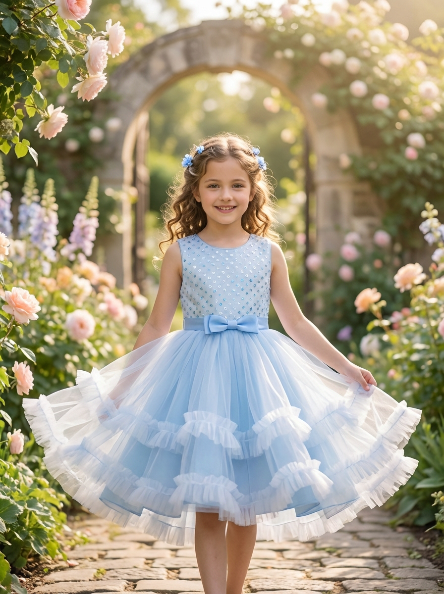 Girls Blue Tulle Party Dress – Elegant Bow Detail Princess Dress for S – FineLook
