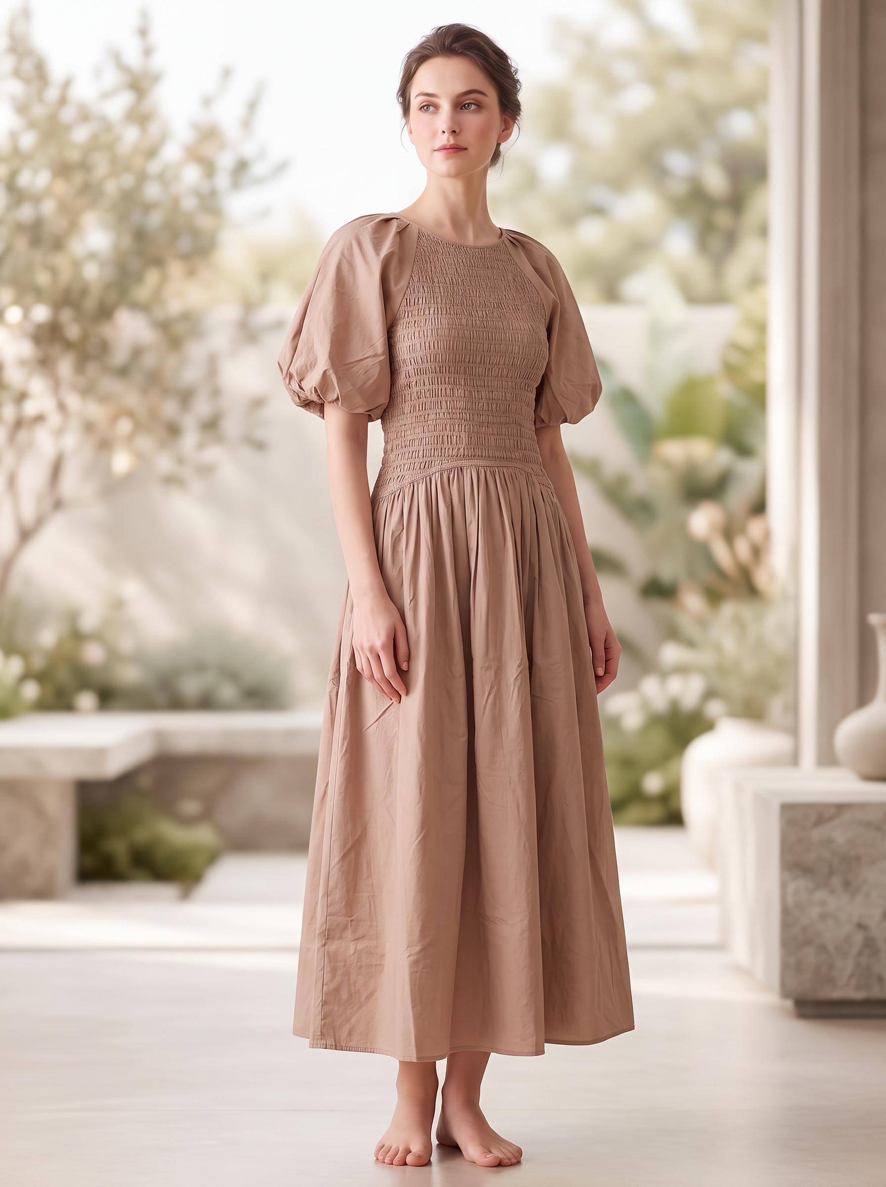 Women's Smocked Maxi Dress – Puff Sleeve Modest A-Line Casual Long Dre – FineLook