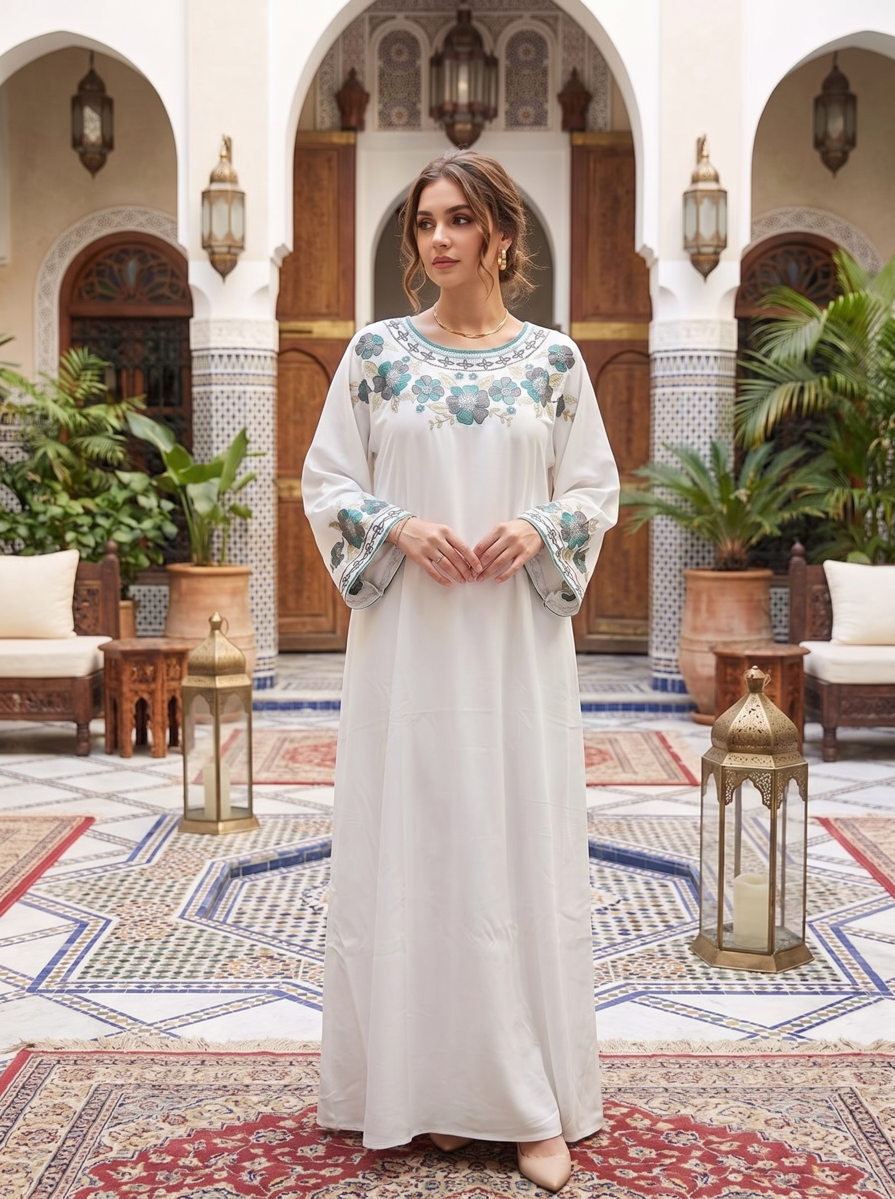 Women's Embroidered Maxi Kaftan Dress – Modest Long Sleeve Floral Abay – FineLook