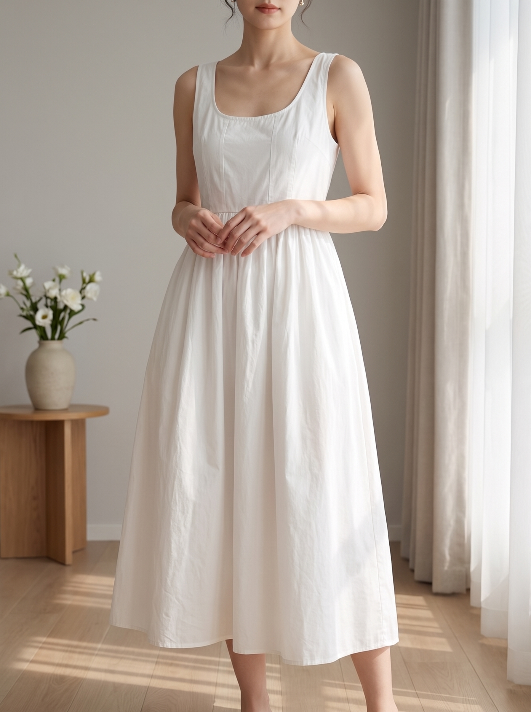 Women's Sleeveless Square Neck Midi Dress – Elegant A-Line Casual Dres – FineLook