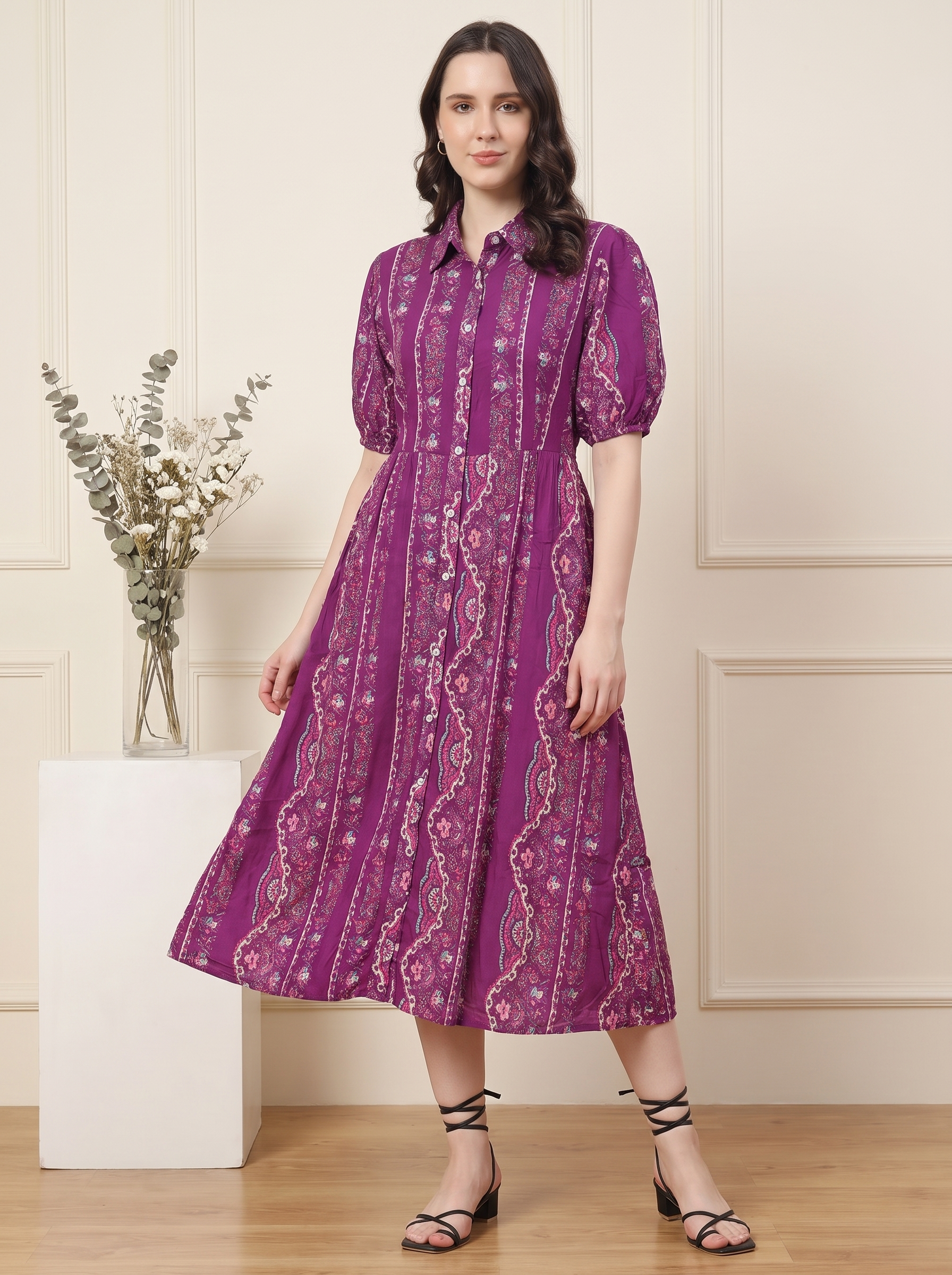 Women's Printed Midi Shirt Dress with Puff Sleeves
