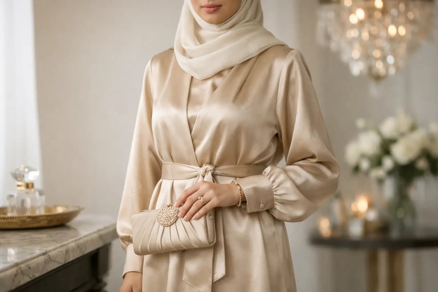 كيفية تنسيق طقم ساتان محتشم للمناسبات