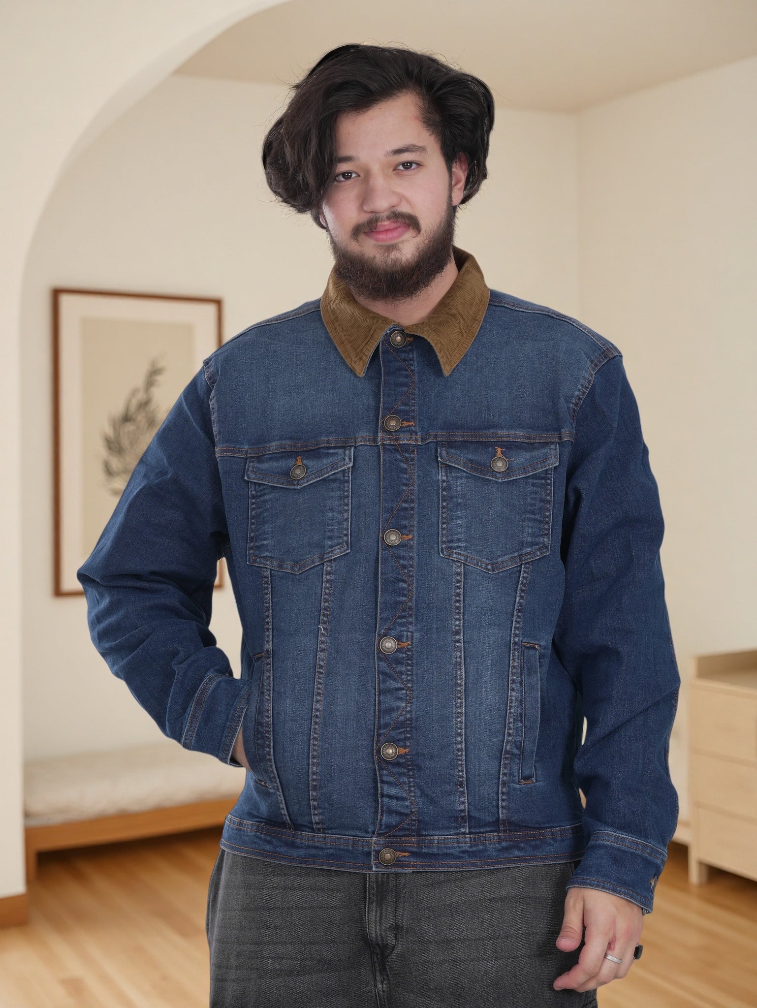 Mens Denim Jacket with Brown Collar