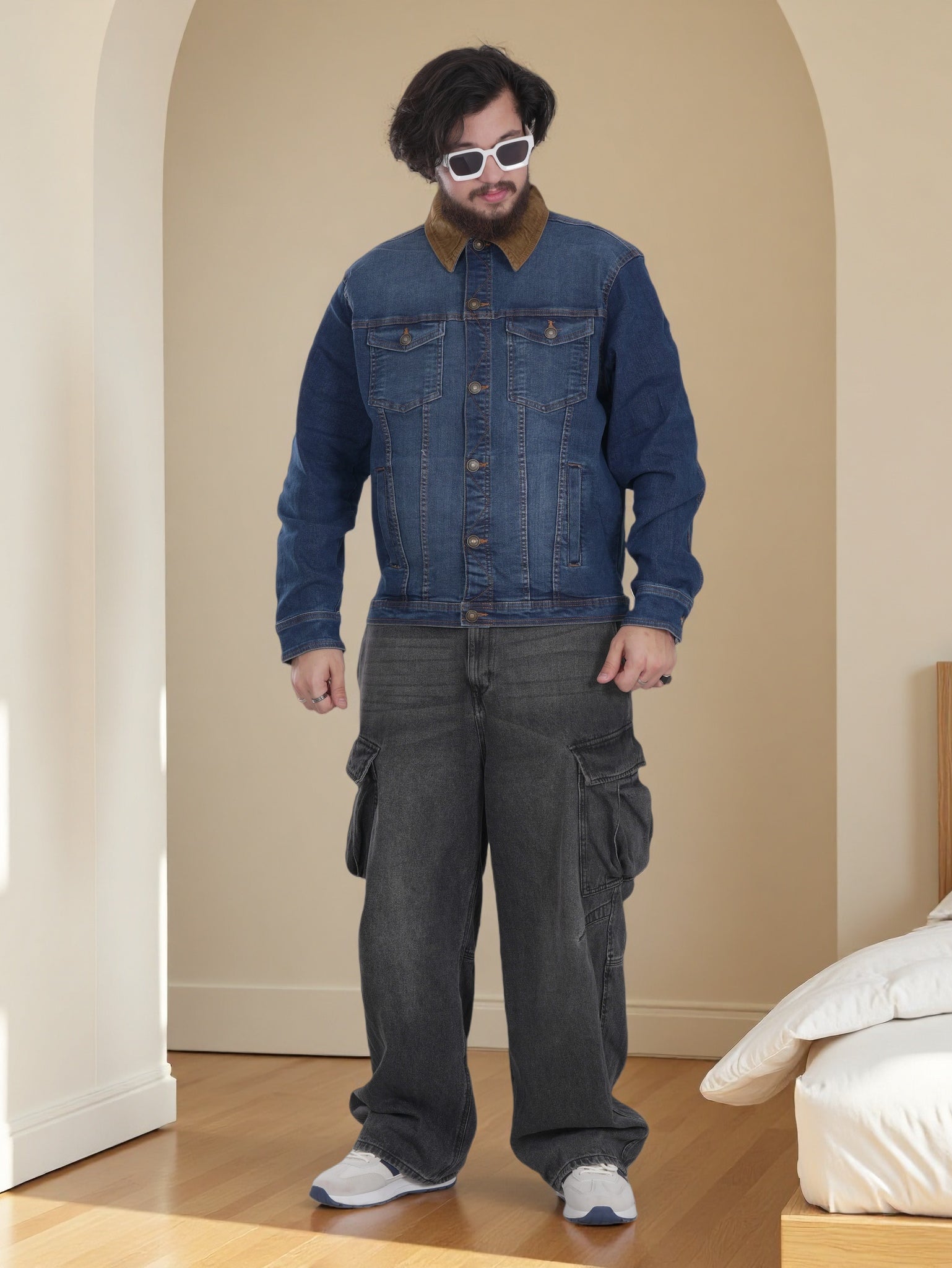 Mens Denim Jacket with Brown Collar