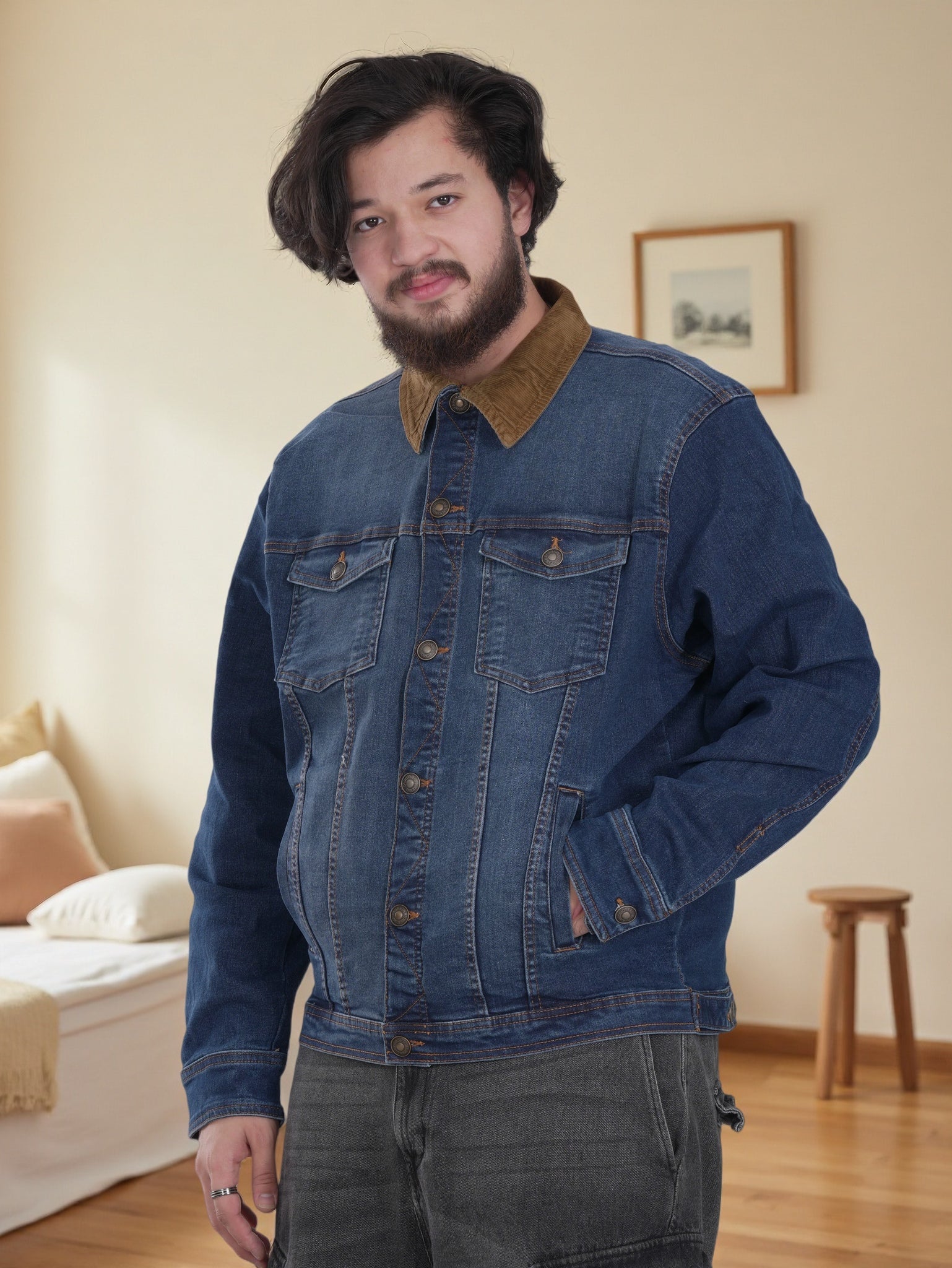 Mens Denim Jacket with Brown Collar