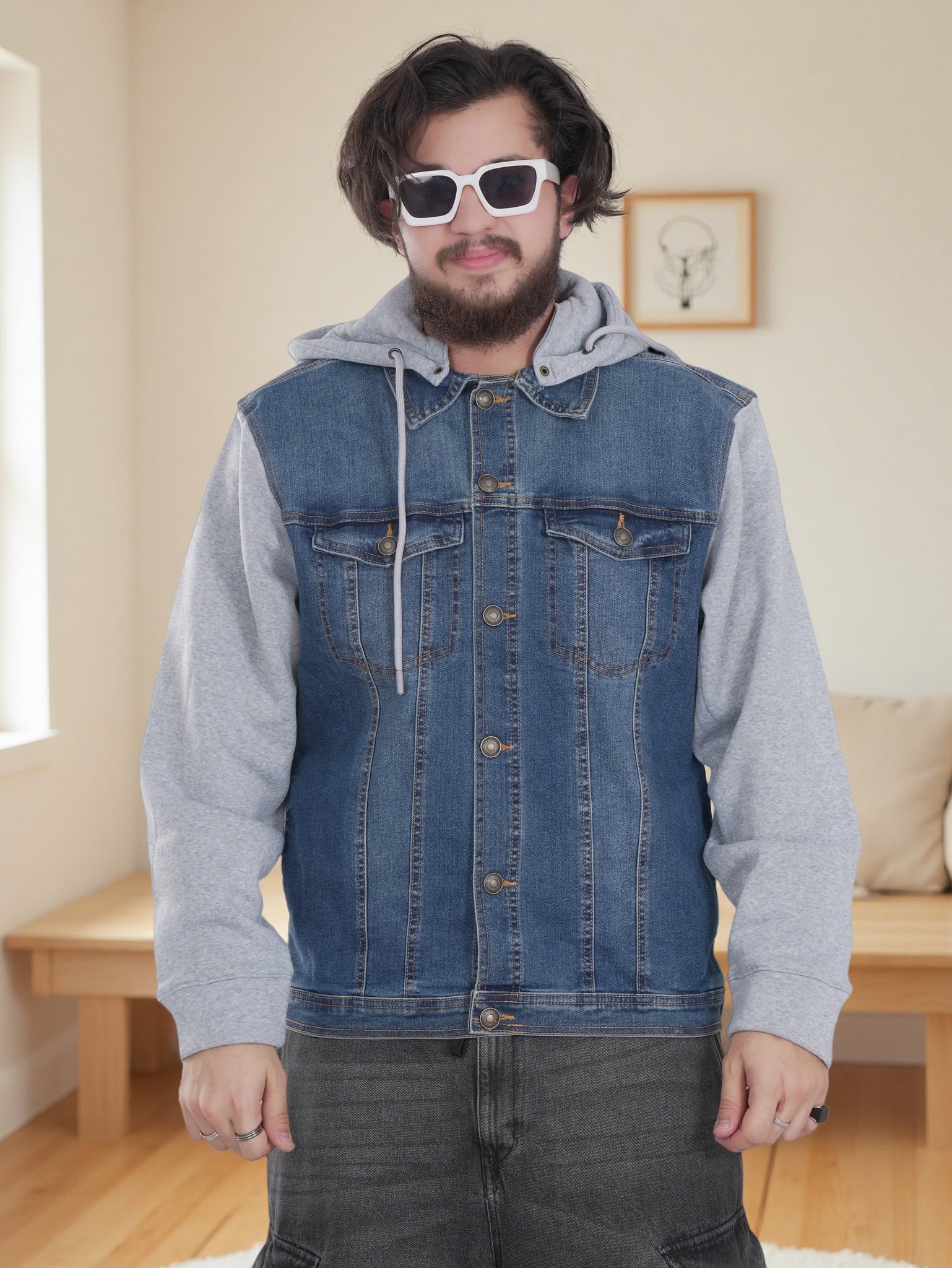 Mens Blue Denim Jacket with Hoodie